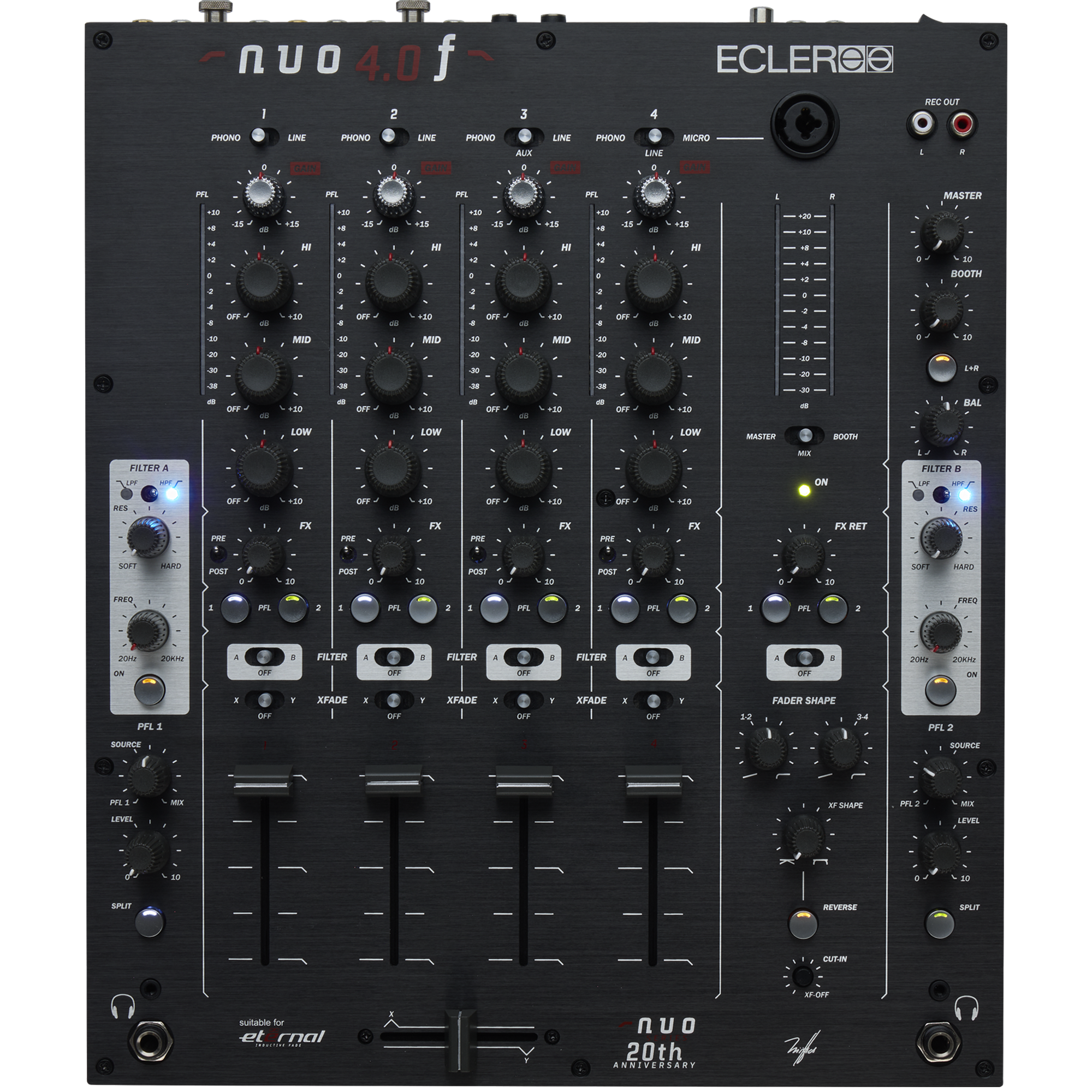 מיקסר DJ אנלוגי 4 ערוצים Ecler NUO4.0F Black 1 מיקסר DJ אנלוגי Ecler NUO4.0F Black במבט עליון עם ארבעה ערוצים ושני מסנני VCF