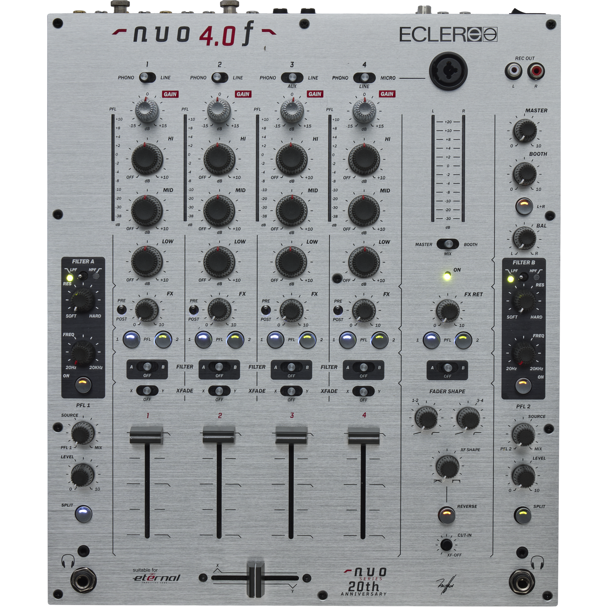 מיקסר DJ אנלוגי 4 ערוצים Ecler NUO4.0F Silver 1 מיקסר DJ אנלוגי Ecler NUO4.0F Silver בגימור כסוף עם ארבעה ערוצים ושני מסנני VCF
