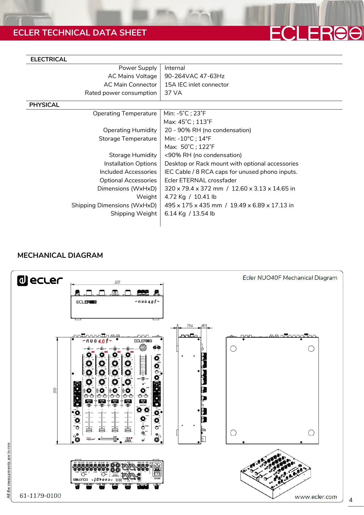 מיקסר DJ אנלוגי 4 ערוצים Ecler NUO4.0F Silver 4 עמוד רשמי של Ecler NUO4.0F עם נתוני חשמל, מידות גוף, משקל ומידות אריזה