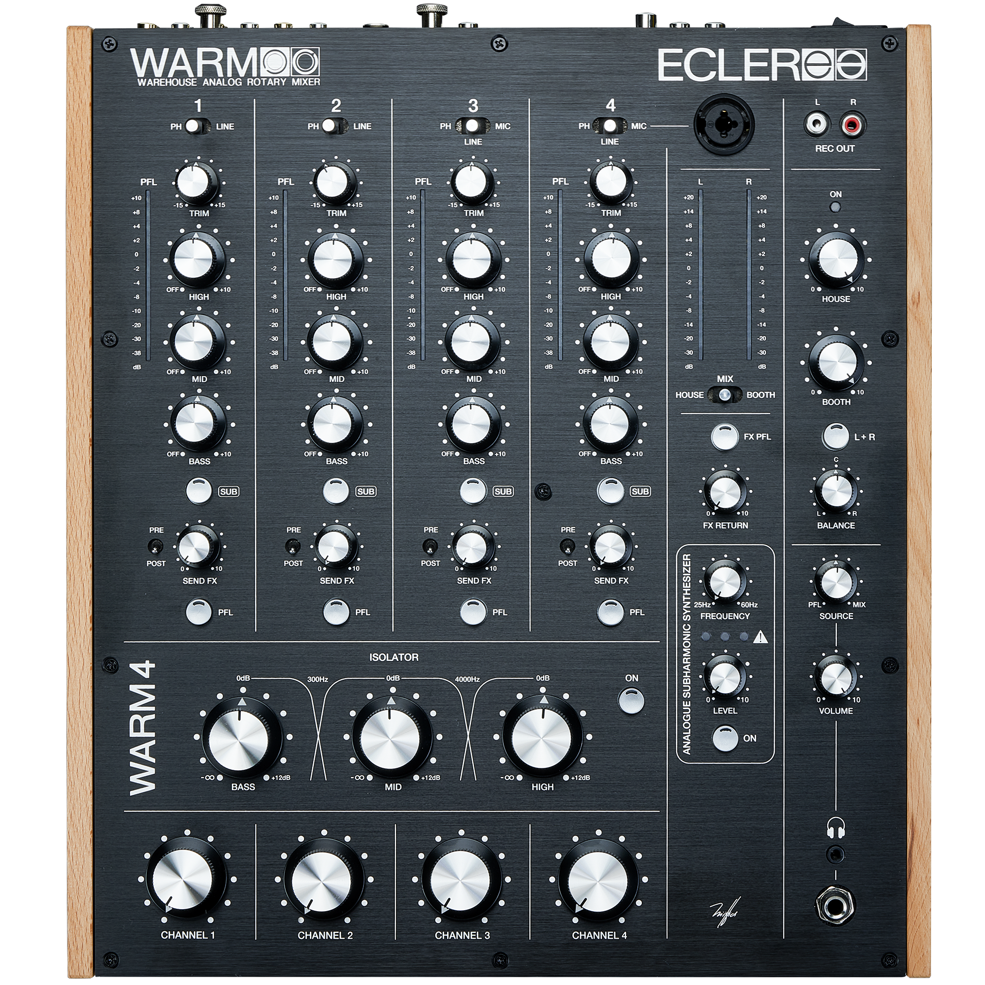 מיקסר DJ רוטרי אנלוגי 4 ערוצים Ecler WARM4 2 לוח הבקרה העליון של Ecler WARM4 עם ארבעה וסתים רוטרים, איזולטור וסינתיסייזר סאב-הרמוני
