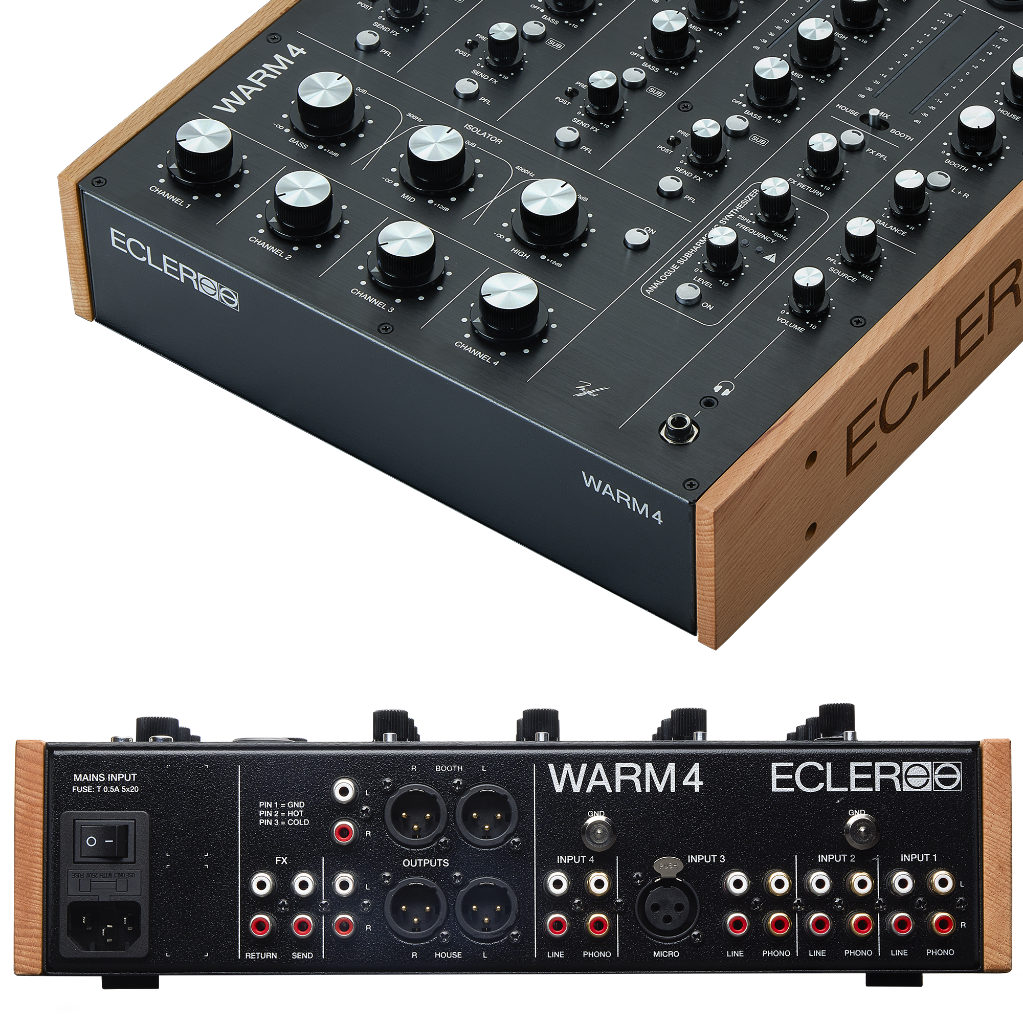 מיקסר DJ רוטרי אנלוגי 4 ערוצים Ecler WARM4 3 מיקסר Ecler WARM4 במבט קדמי ועליון המציג את מחברי האוזניות ובקרי המיקס