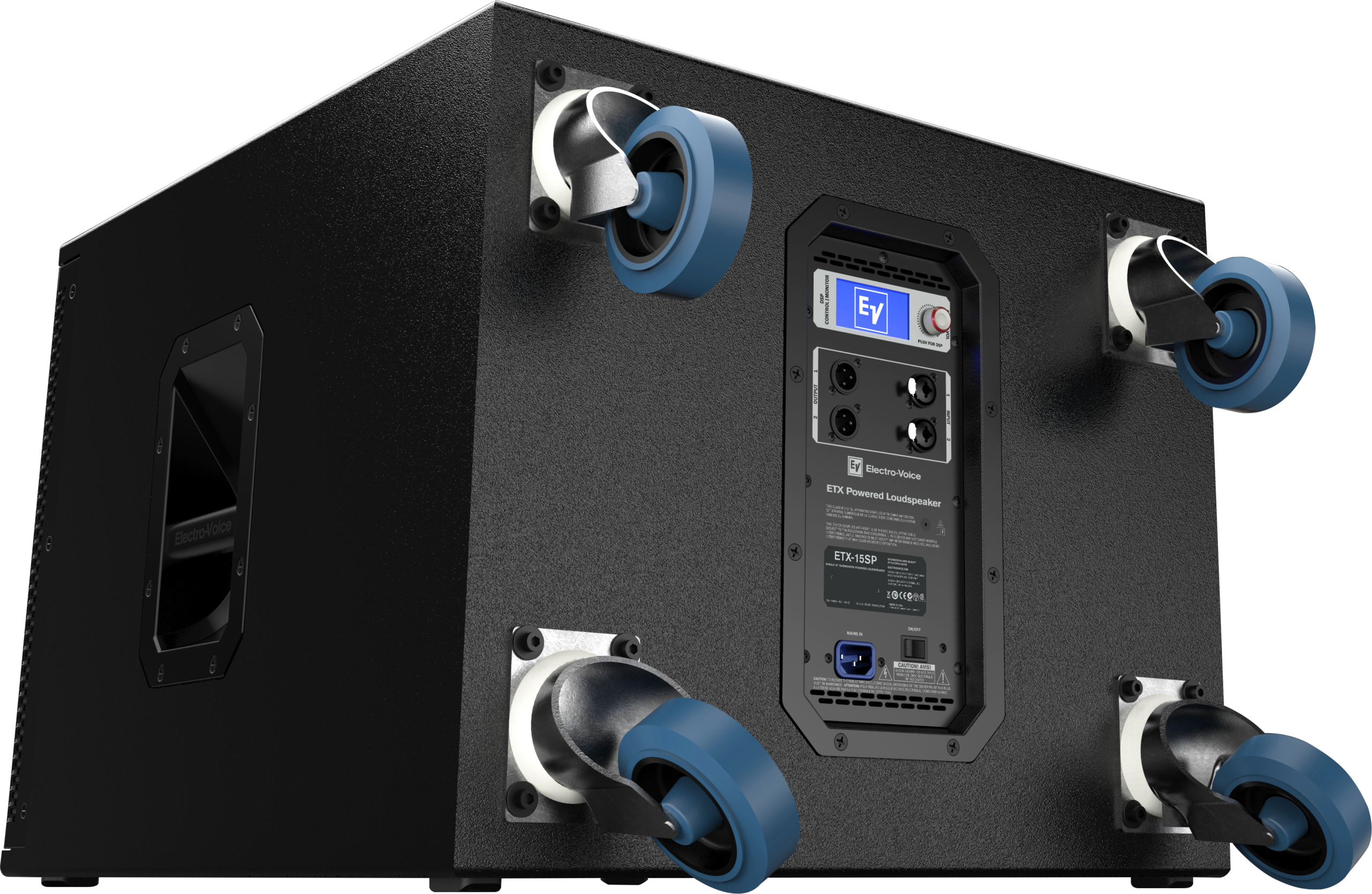 סאב וופר מוגבר Electro-Voice ETX-15SP – 15 אינץ׳, 1800W 2 גב סאב וופר Electro-Voice ETX-15SP עם פאנל DSP וחיבורים