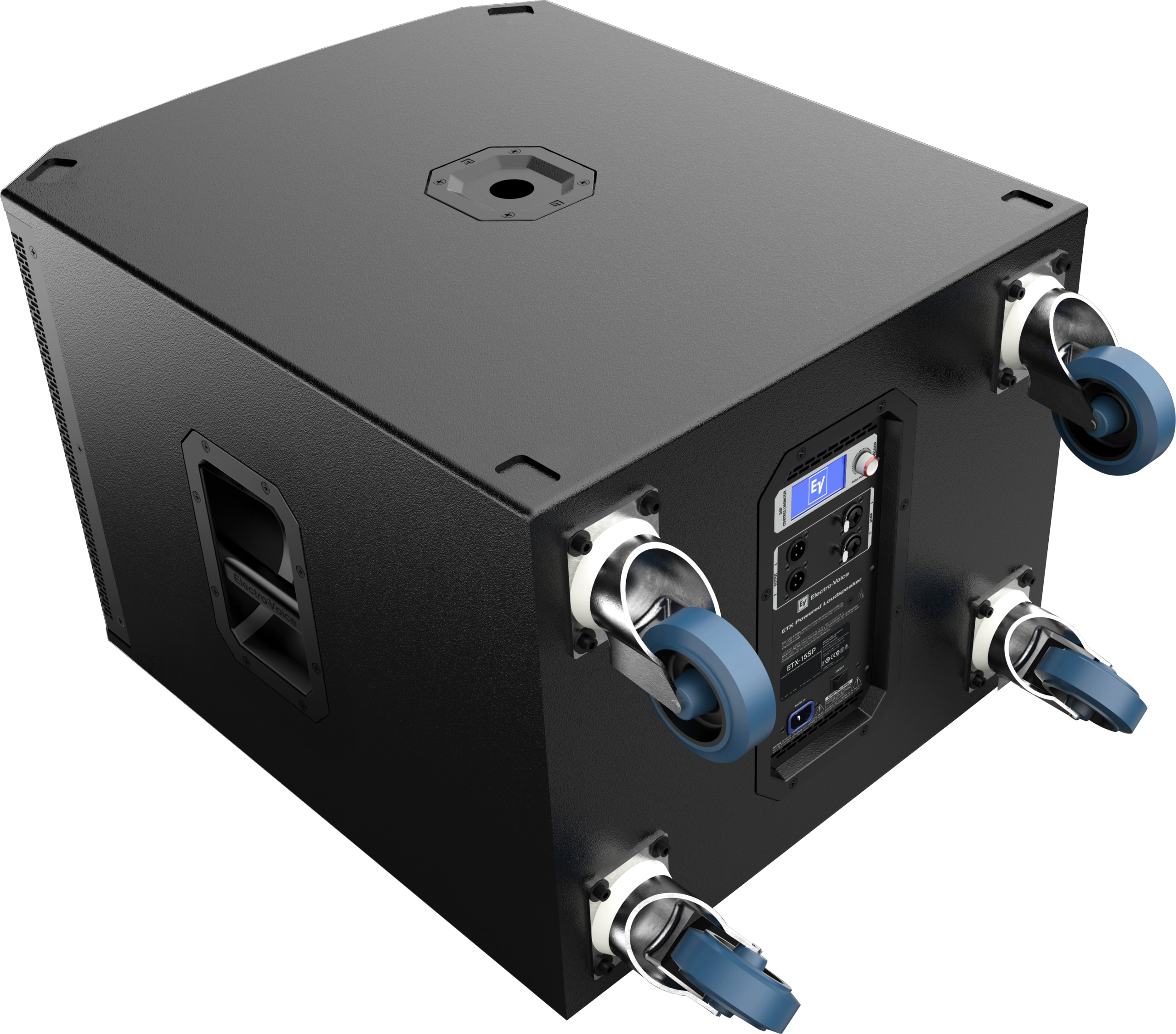 סאב וופר מוגבר Electro-Voice ETX-15SP – 15 אינץ׳, 1800W 3 סאב וופר Electro-Voice ETX-15SP במבט אחורי עליון עם גלגלים