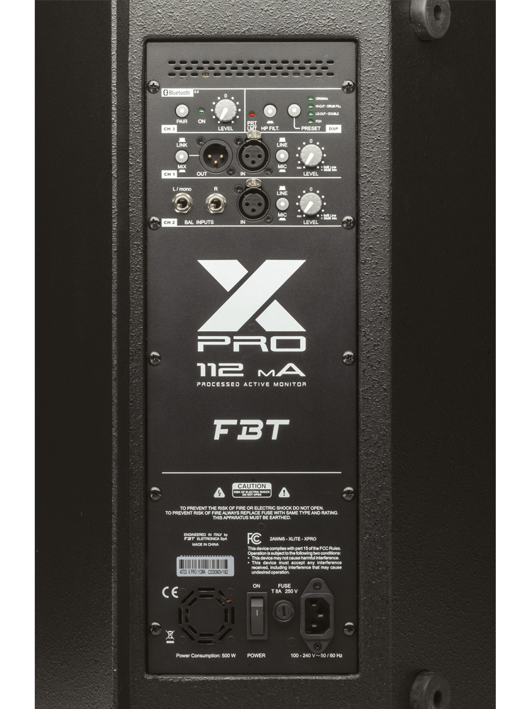 מוניטור במה אקטיבי FBT X-PRO 112MA – 12 אינץ׳; Bluetooth ו־DSP 3 הפאנל האחורי של FBT X-PRO 112MA עם חיבורי XLR ו־Jack; Bluetooth; DSP ובקרות עוצמה