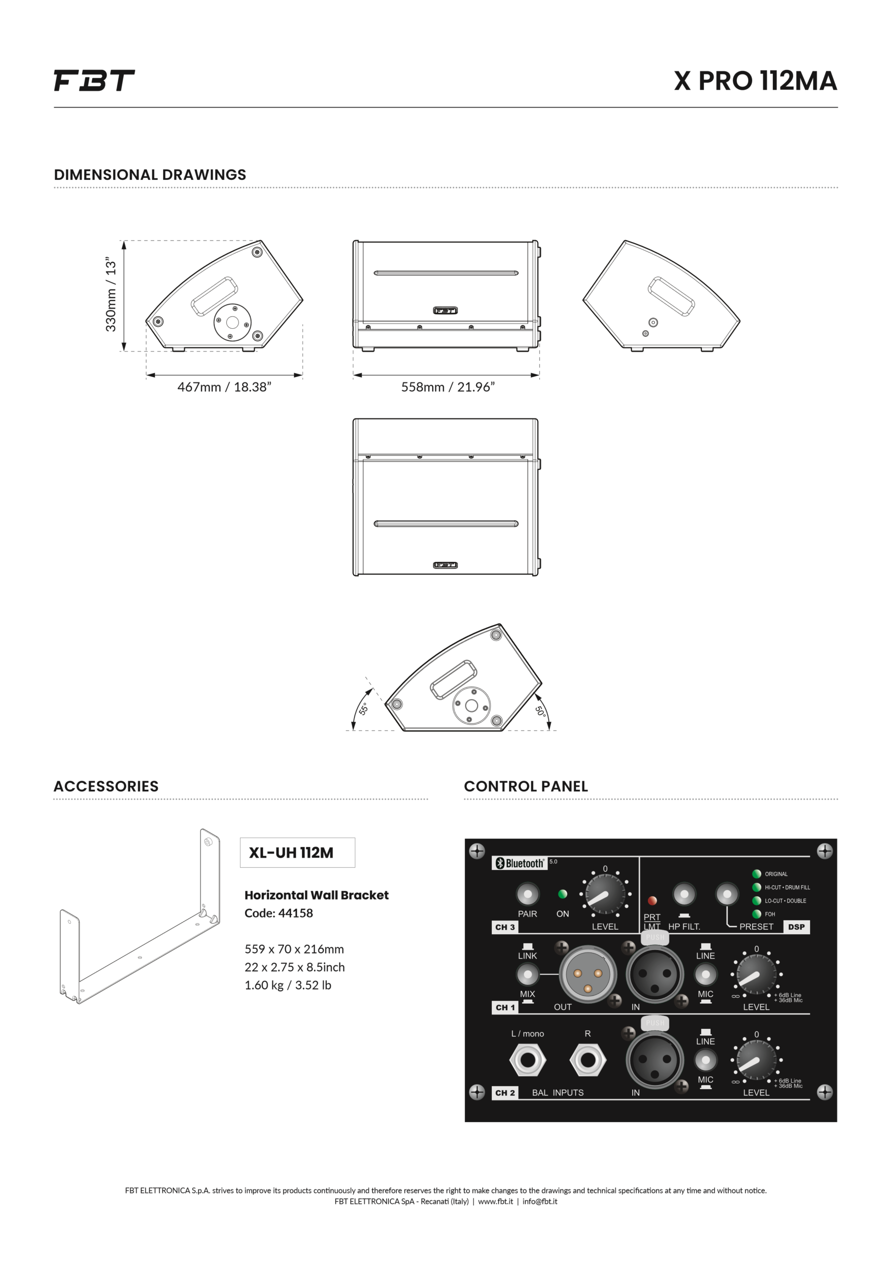 מוניטור במה אקטיבי FBT X-PRO 112MA – 12 אינץ׳; Bluetooth ו־DSP 4 עמוד מפרט רשמי של FBT X-PRO 112MA עם שרטוטי מידות; זוויות הצבה ופאנל השליטה