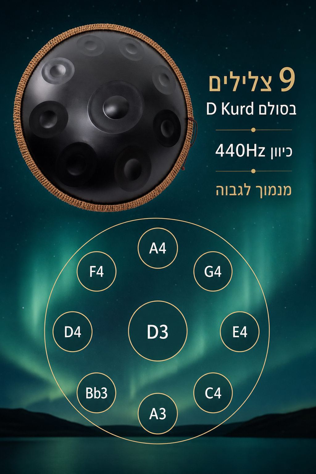 הנדפאן מקצועי 22 אינץ׳ – 9 צלילים D Kurd 440Hz, כולל נרתיק וסטנד 4 מפת תווים להנדפאן D Kurd 440Hz עם 9 צלילים