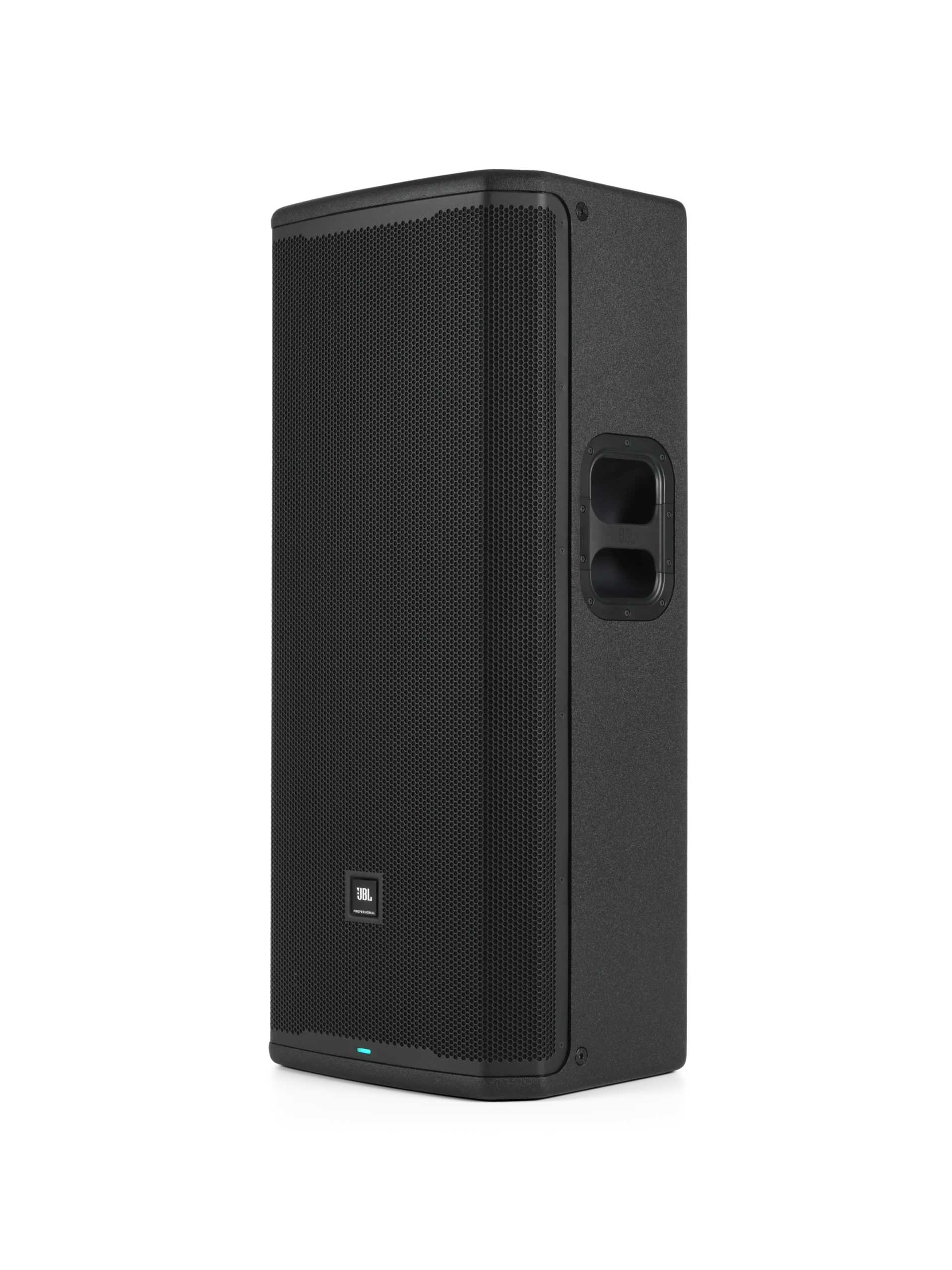 רמקול מוגבר כפול 15 אינץ׳ JBL PRX925 – 2000W Peak עם DSP 4 צד שמאל של הרמקול המוגבר JBL PRX925 עם ידית נשיאה משולבת ומארז לבנה מחוזק