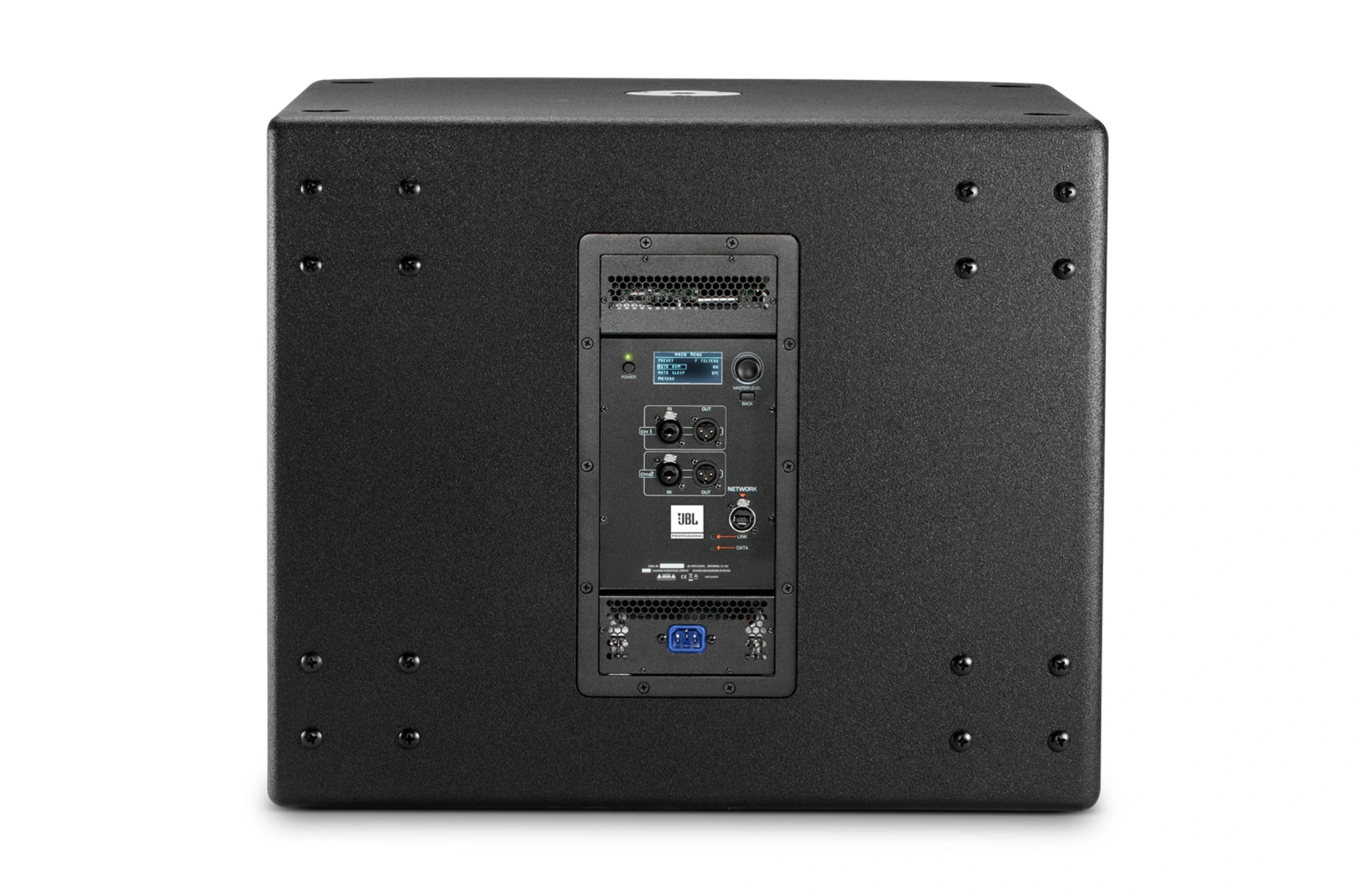 JBL SRX818SP – סאב וופר מוגבר 18 אינץ׳ 4 הפאנל האחורי של JBL SRX818SP עם חיבורי האודיו, הרשת ובקרת ה-DSP