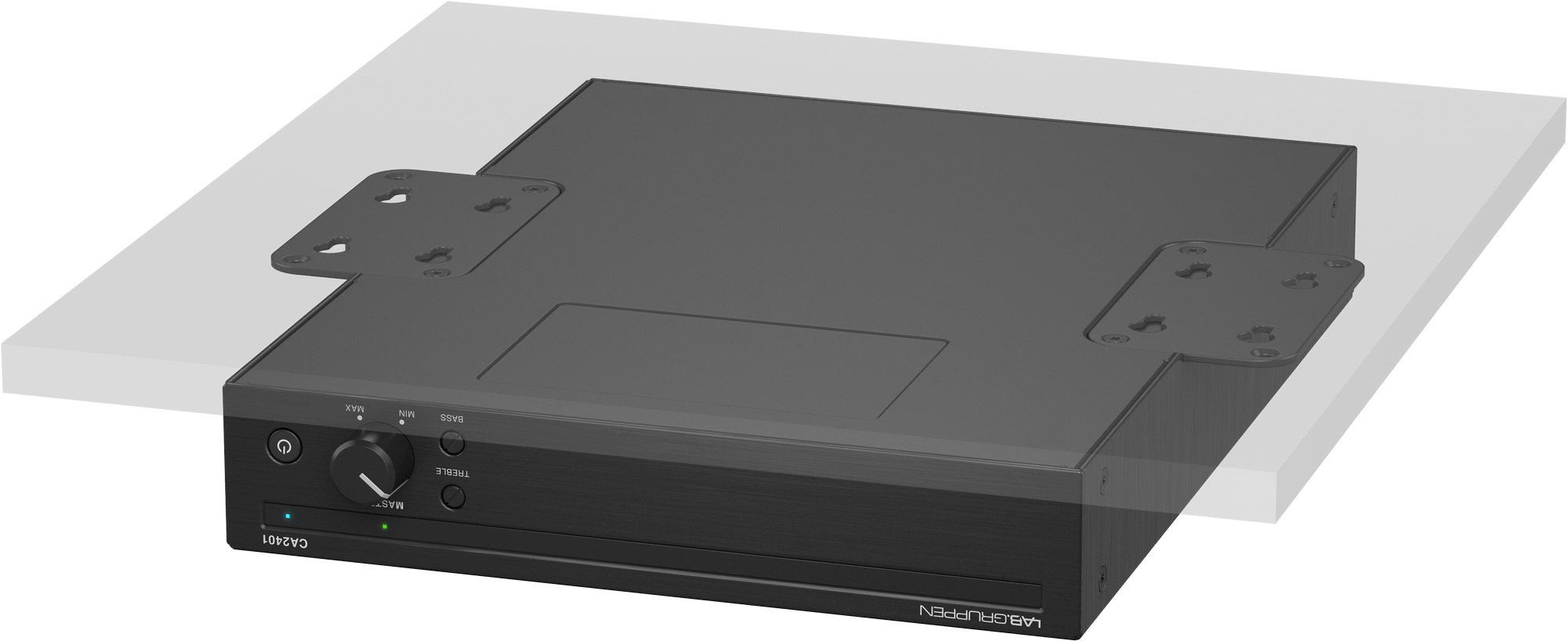 מגבר התקנות Lab Gruppen CA2401 – 240W לקווי 70V/100V 4 יחידת Lab Gruppen CA2401 מותקנת מתחת למשטח באמצעות תושבות