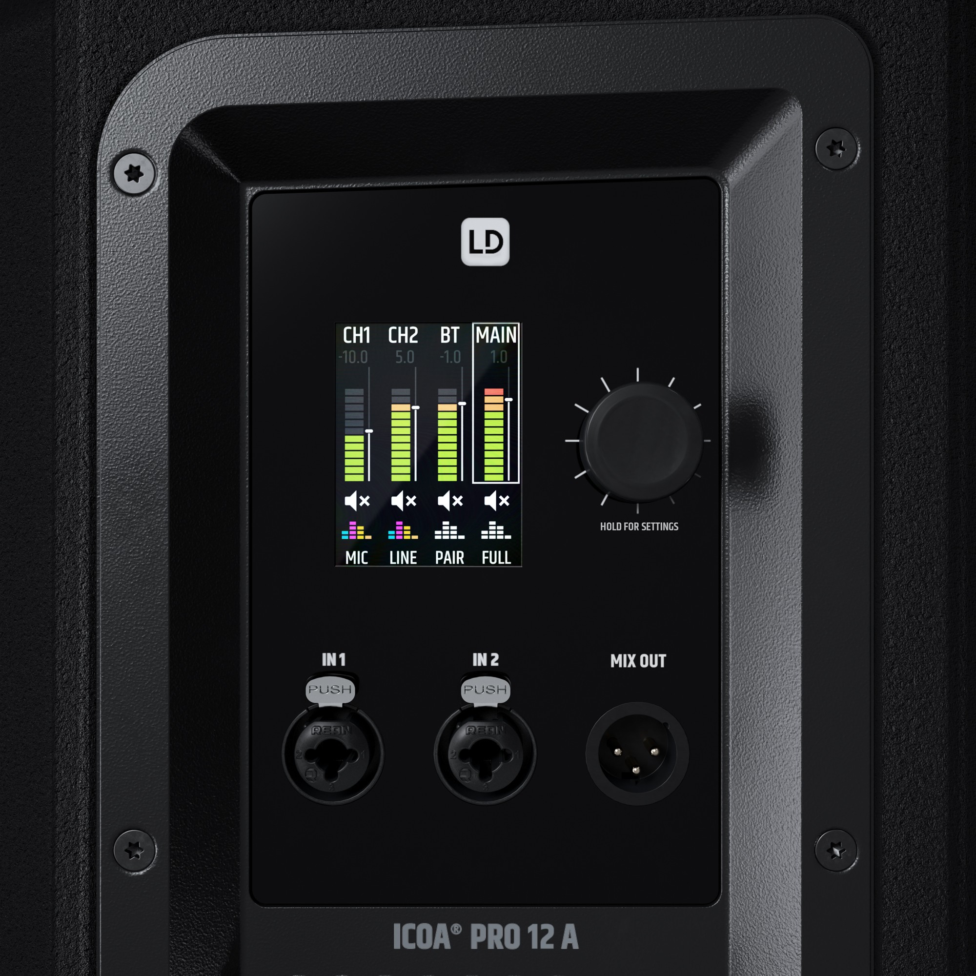 רמקול מוגבר LD Systems ICOA PRO 12 A – 12 אינץ׳ קואקסיאלי עם DSP 6 לוח הבקרה של LD Systems ICOA PRO 12 A עם מסך ה־DSP הצבעוני פעיל