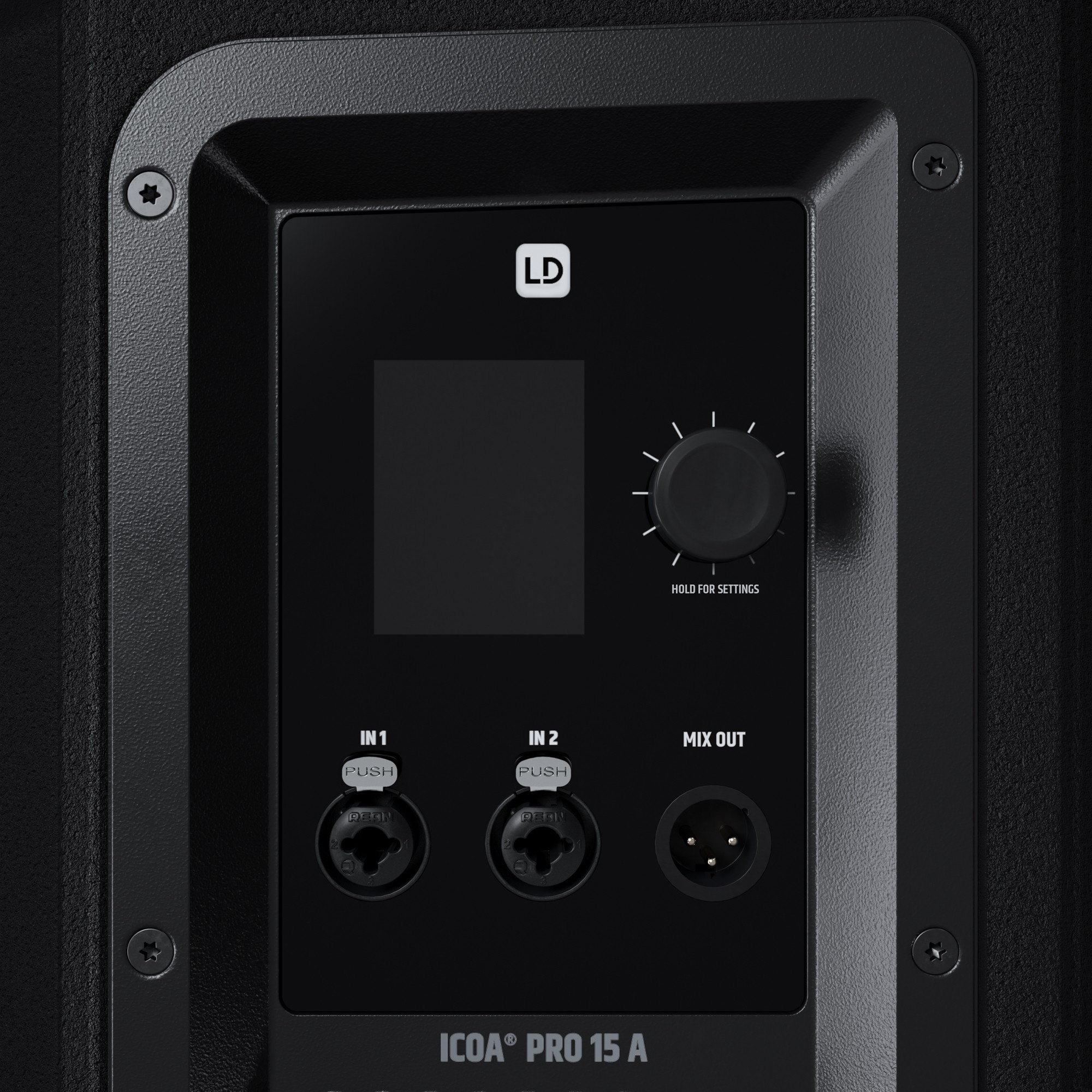 רמקול מוגבר LD Systems ICOA PRO 15 A – 15 אינץ׳ קואקסיאלי עם DSP 5 תקריב לוח ה־DSP והחיבורים של LD Systems ICOA PRO 15 A