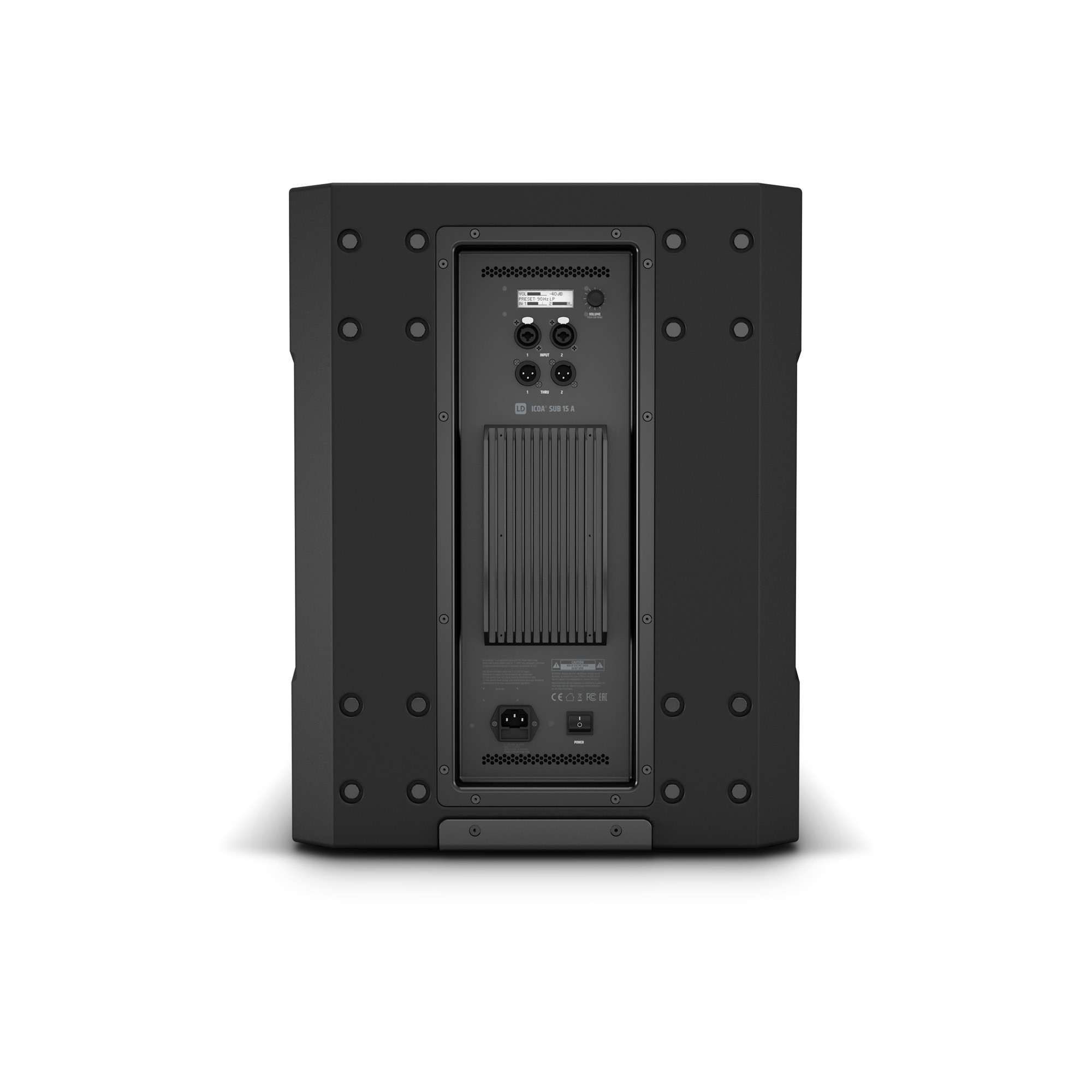 סאב וופר מוגבר LD Systems ICOA SUB 15 A 4 לוח החיבורים וההגברה האחורי של LD Systems ICOA SUB 15 A