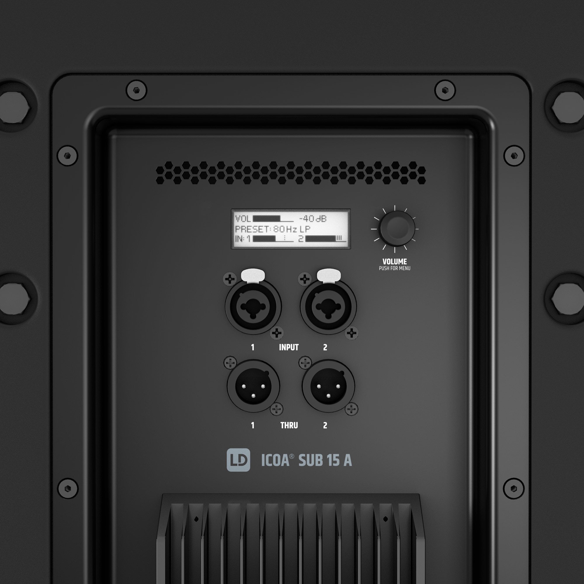 סאב וופר מוגבר LD Systems ICOA SUB 15 A 6 תקריב צג DynX DSP כניסות Combo ויציאות XLR ב־LD Systems ICOA SUB 15 A