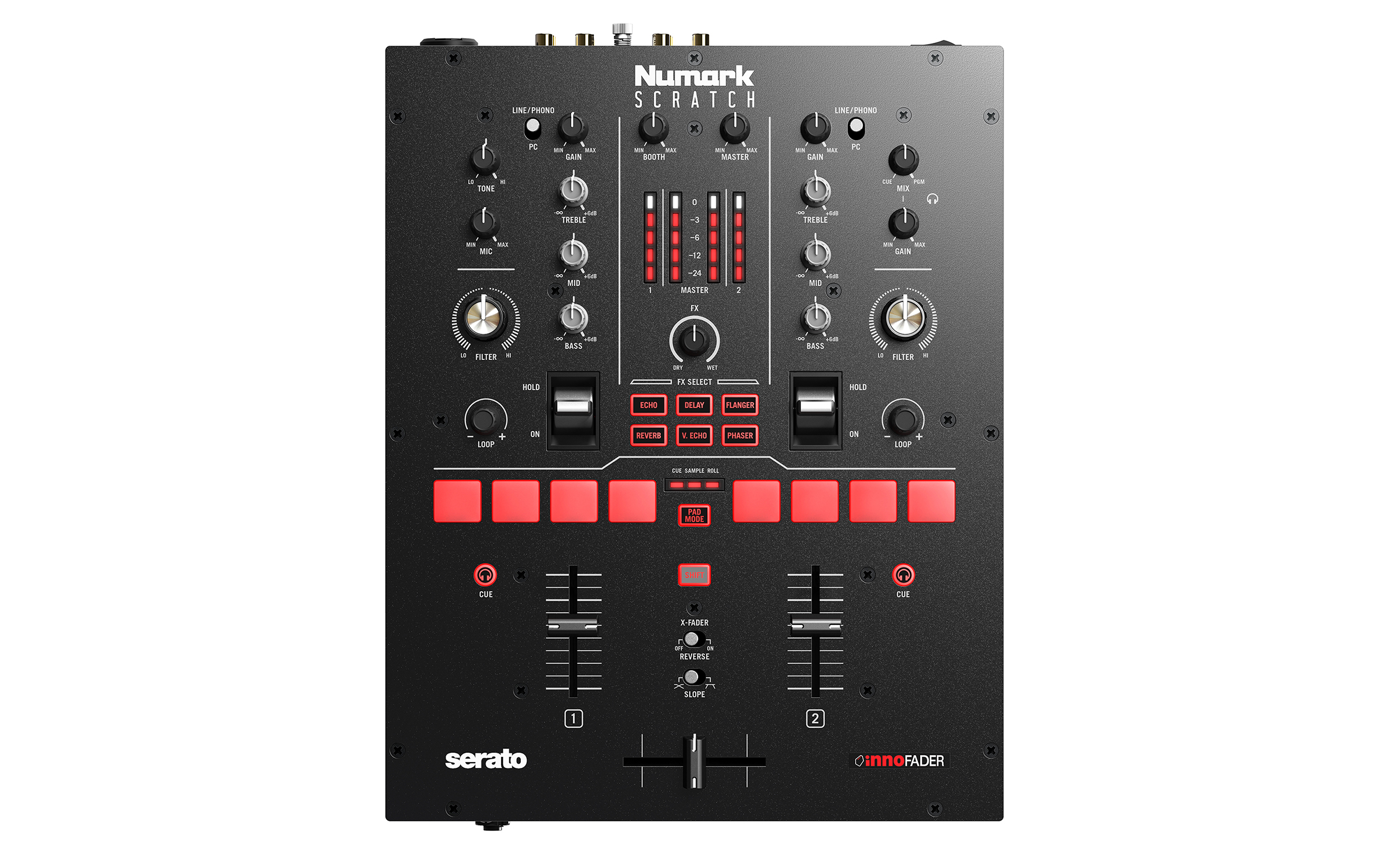 מיקסר DJ Numark Scratch ל-Serato DJ Pro – 2 ערוצים, DVS ו-Innofader 2 מיקסר DJ Numark Scratch במבט על עם Innofader, פדים, פיידרים ופקדי אפקטים