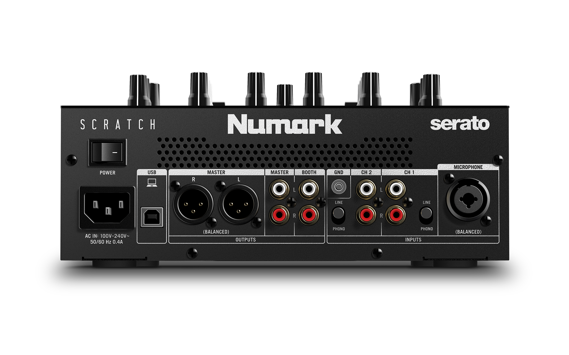 מיקסר DJ Numark Scratch ל-Serato DJ Pro – 2 ערוצים, DVS ו-Innofader 3 הפאנל האחורי של Numark Scratch עם USB, יציאות XLR ו-RCA, כניסות Line Phono ומיקרופון