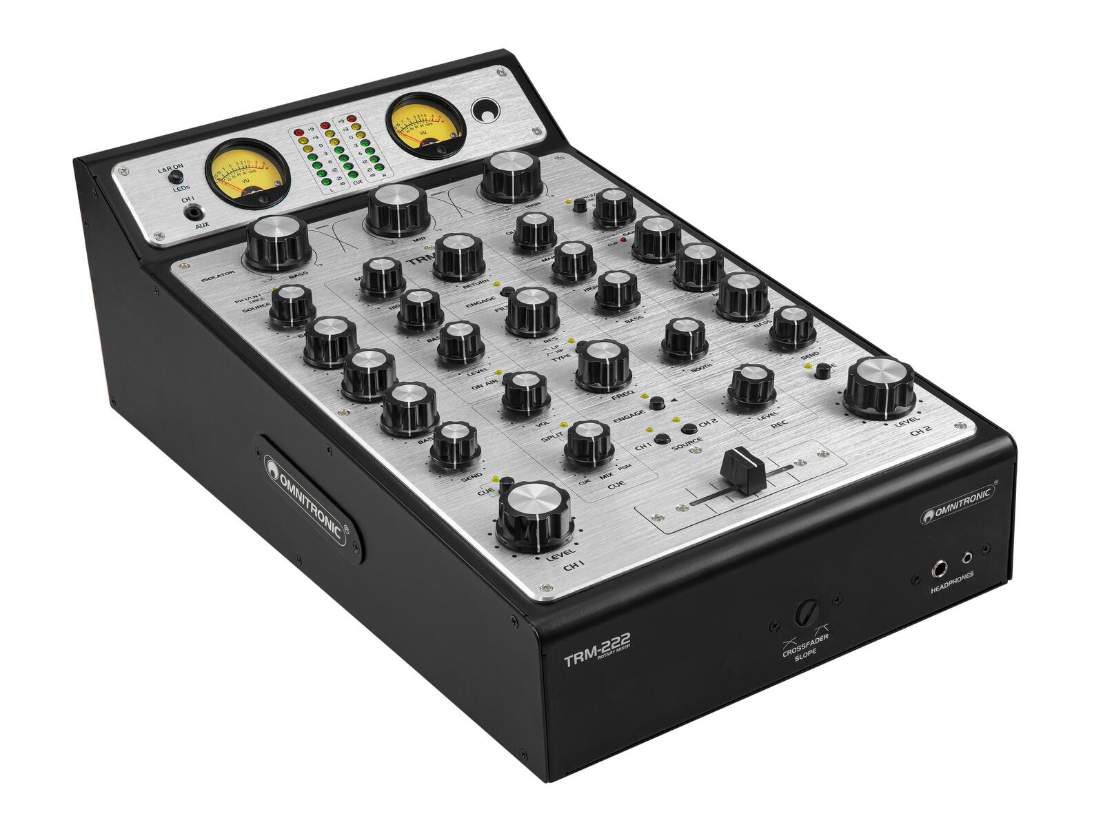 מיקסר DJ רוטרי Omnitronic TRM-222 – 2 ערוצים ואיזולטור תלת־תחומי 1 מיקסר רוטרי דו־ערוצי Omnitronic TRM-222 במבט קדמי אלכסוני עם מדי VU