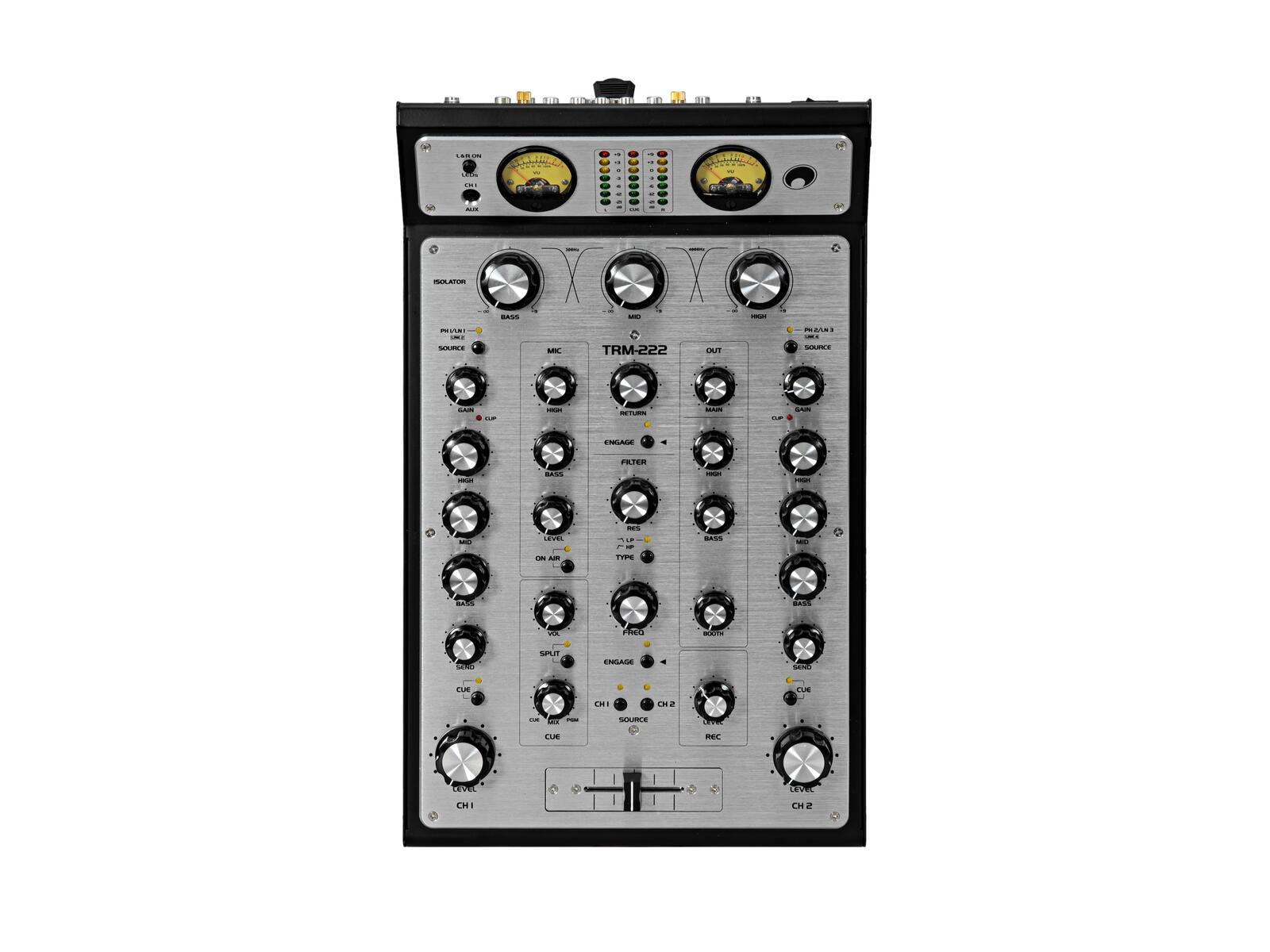 מיקסר DJ רוטרי Omnitronic TRM-222 – 2 ערוצים ואיזולטור תלת־תחומי 2 מבט על של Omnitronic TRM-222 עם איזולטור תלת־תחומי, פילטר, שני ערוצים וקרוספיידר