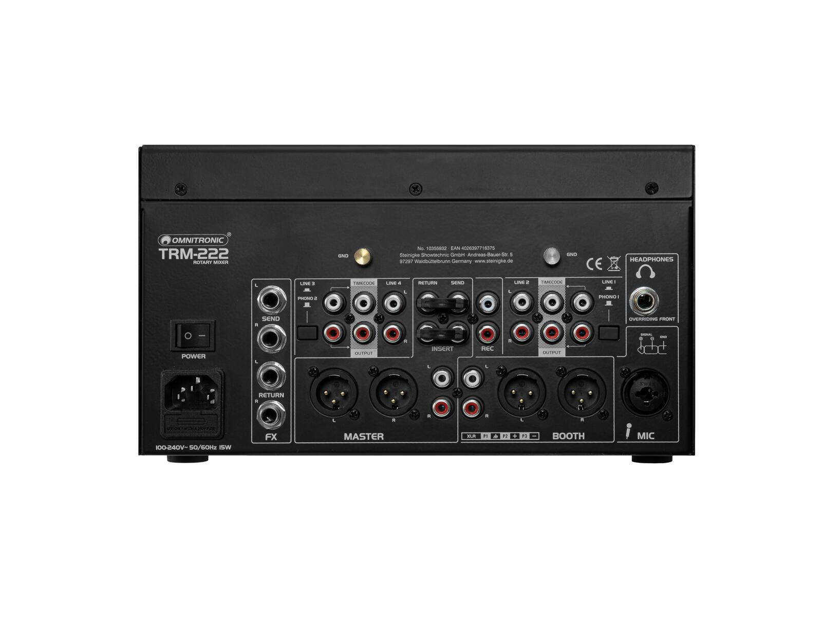 מיקסר DJ רוטרי Omnitronic TRM-222 – 2 ערוצים ואיזולטור תלת־תחומי 3 הפאנל האחורי של Omnitronic TRM-222 עם יציאות Master ו־Booth, חיבורי Phono Line, אפקטים ומיקרופון