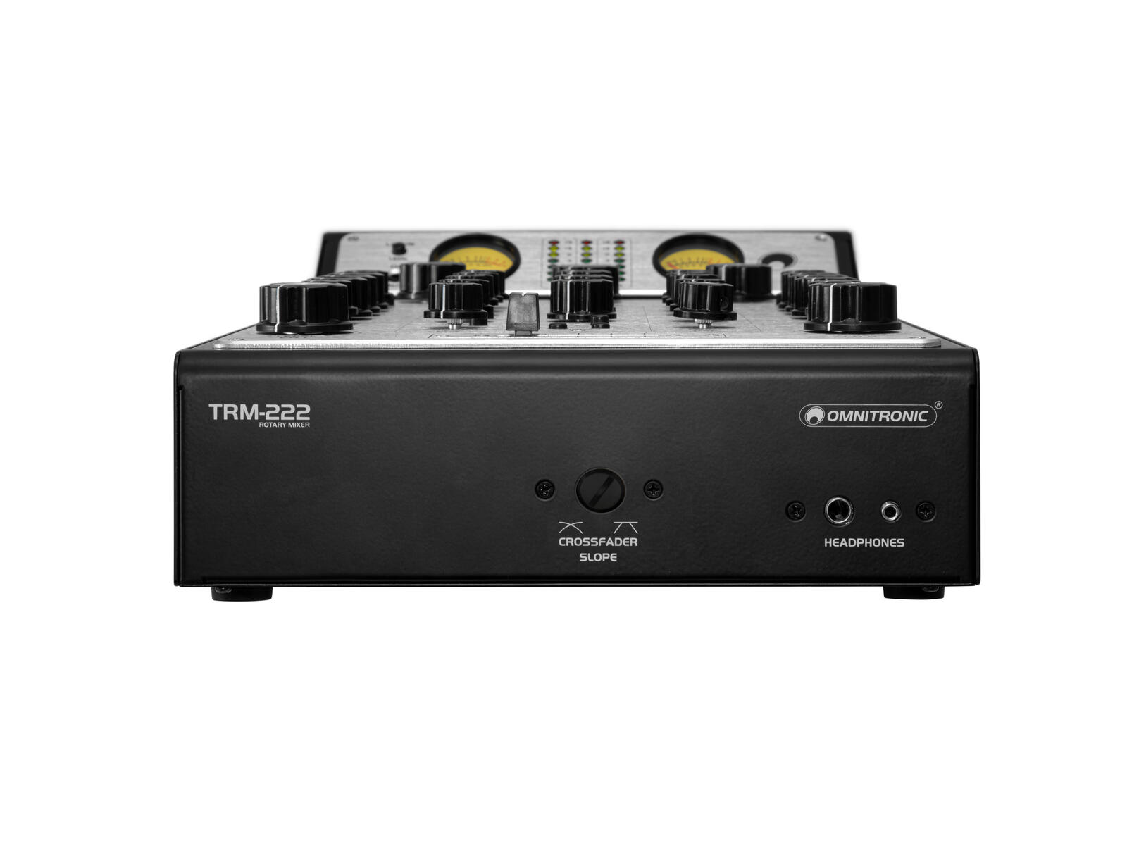 מיקסר DJ רוטרי Omnitronic TRM-222 – 2 ערוצים ואיזולטור תלת־תחומי 4 הפאנל הקדמי של Omnitronic TRM-222 עם כיוון עקומת הקרוספיידר וחיבורי אוזניות 6.3 ו־3.5 מ״מ