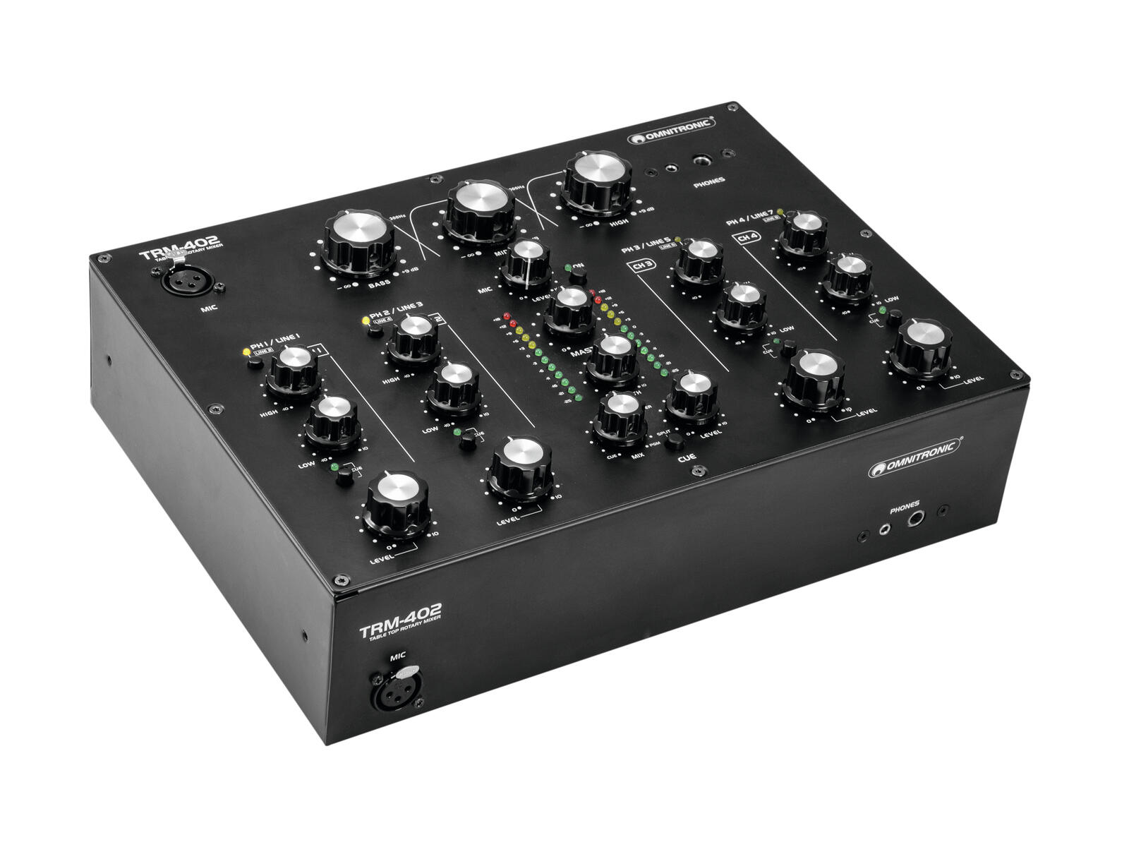 מיקסר DJ רוטרי Omnitronic TRM-402 – 4 ערוצים ואיזולטור תלת־תחומי 1 מיקסר DJ רוטרי ארבעה ערוצים Omnitronic TRM-402 במבט קדמי אלכסוני