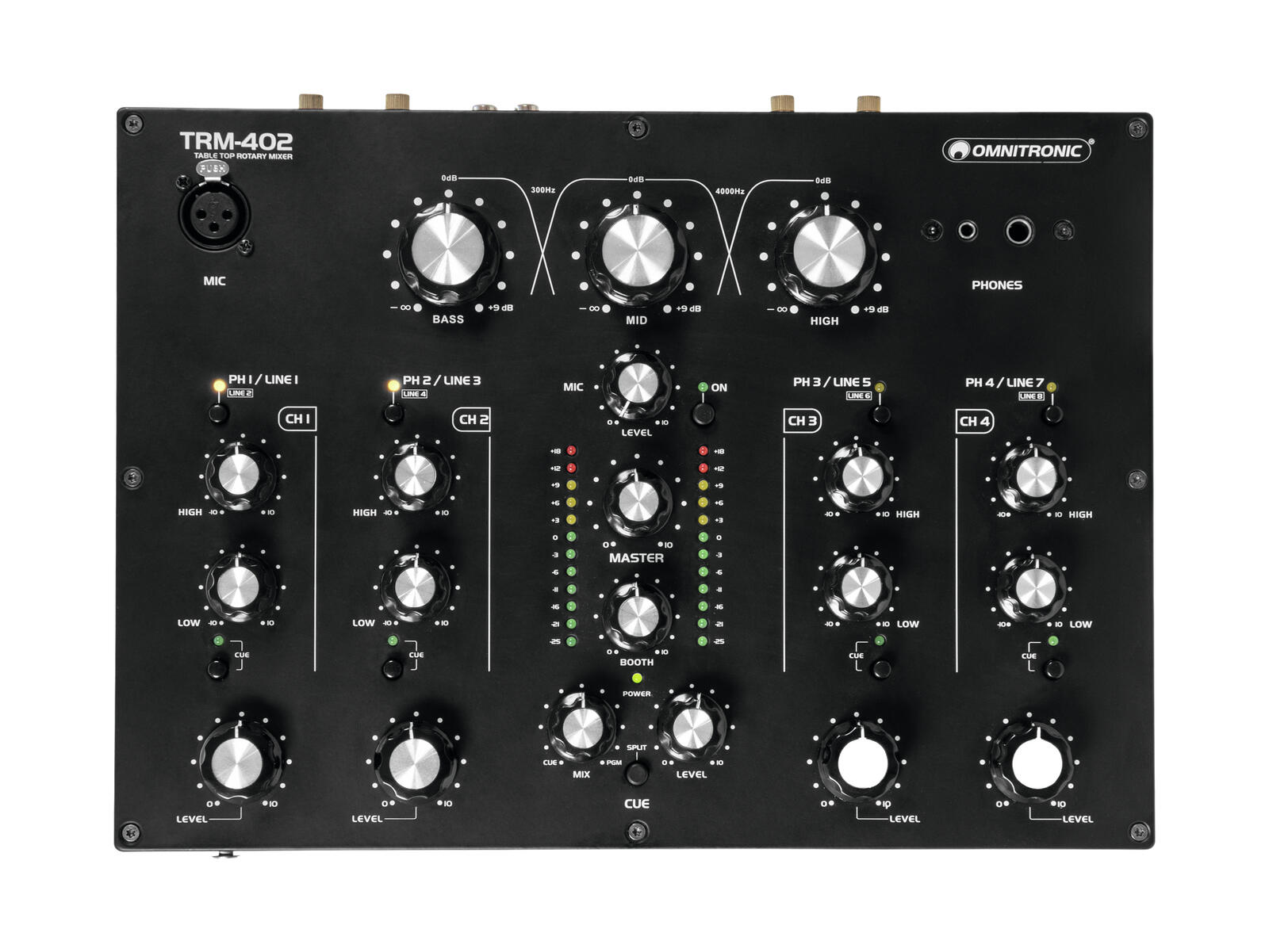 מיקסר DJ רוטרי Omnitronic TRM-402 – 4 ערוצים ואיזולטור תלת־תחומי 2 מבט על של Omnitronic TRM-402 עם ארבעה ערוצים רוטריים, איזולטור תלת־תחומי ומדי עוצמה