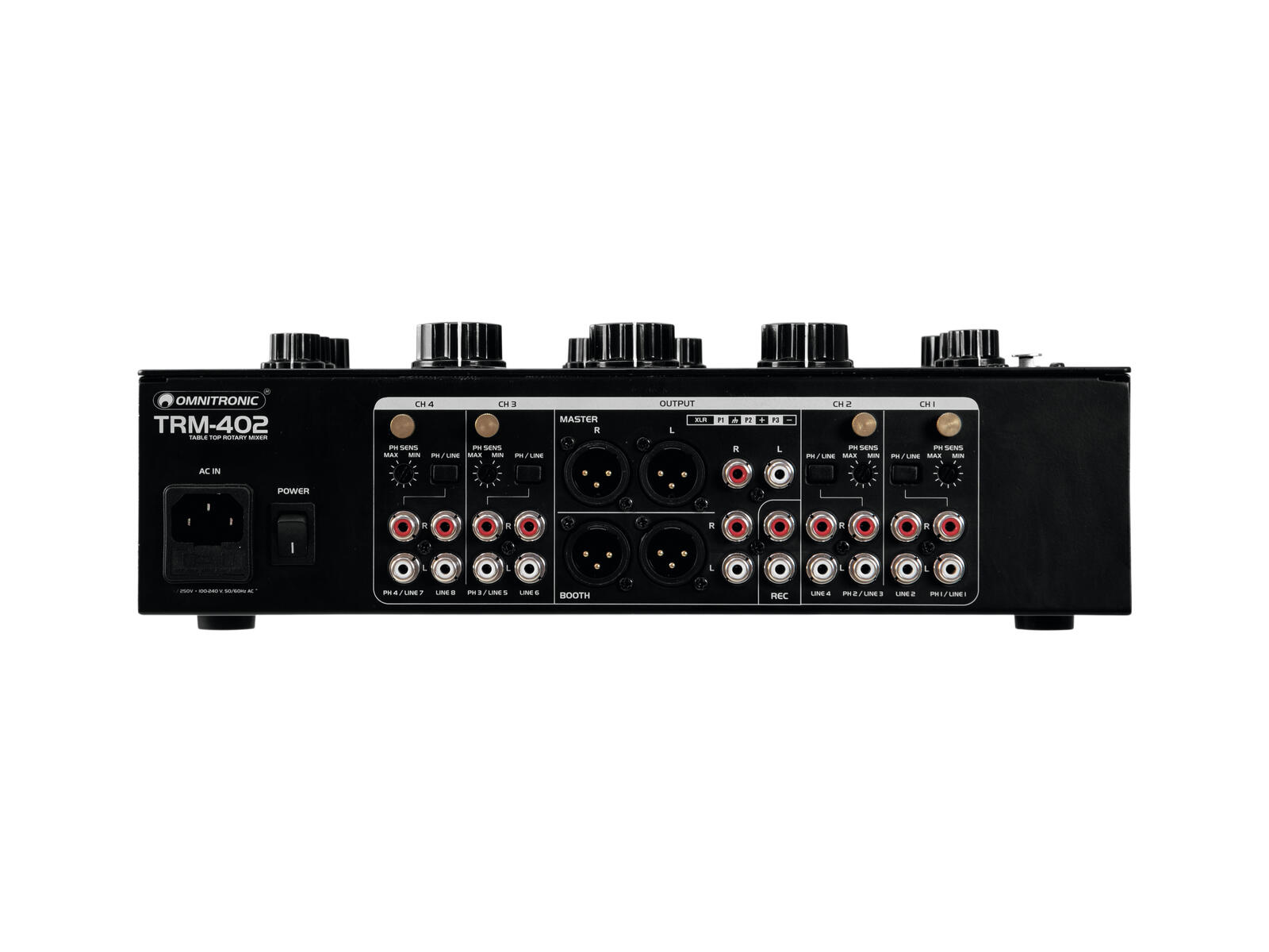 מיקסר DJ רוטרי Omnitronic TRM-402 – 4 ערוצים ואיזולטור תלת־תחומי 3 הפאנל האחורי של Omnitronic TRM-402 עם כניסות Line ו־Phono ויציאות Master, Booth ו־Record