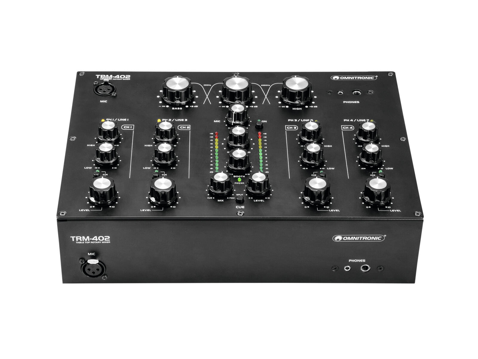 מיקסר DJ רוטרי Omnitronic TRM-402 – 4 ערוצים ואיזולטור תלת־תחומי 4 הפאנל הקדמי של Omnitronic TRM-402 עם כניסת מיקרופון וחיבורי אוזניות 6.3 ו־3.5 מ״מ