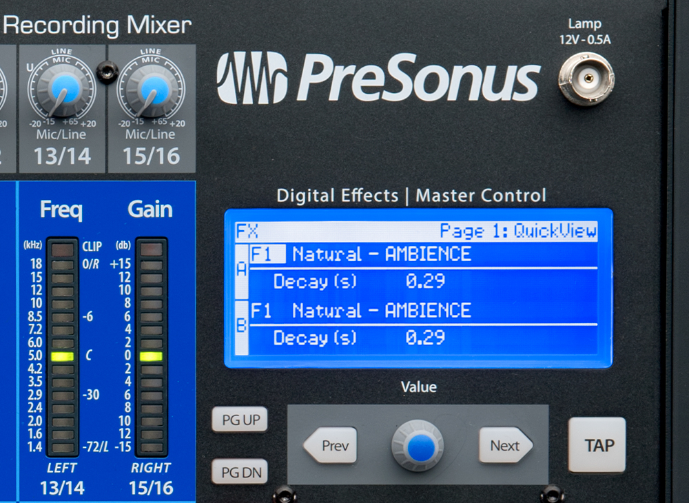 מיקסר דיגיטלי PreSonus StudioLive 16.0.2 USB – 16 כניסות וממשק 18×16 2 תצוגת האפקטים והבקרה הראשית במיקסר PreSonus StudioLive 16.0.2 USB