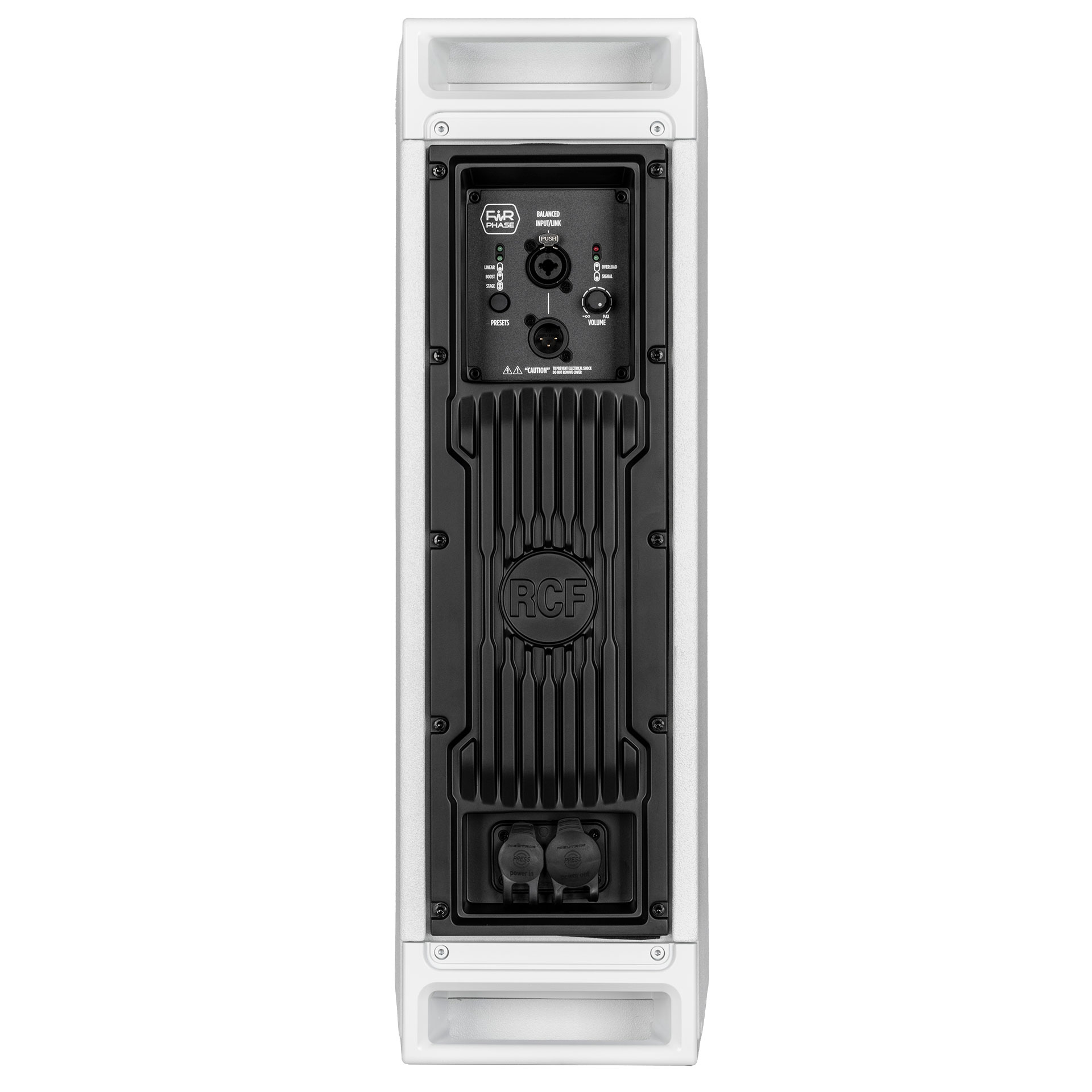 רמקול מוגבר לבן RCF NXL 14-A W — 2×6 אינץ׳, 2100W ו-128dB 6 RCF NXL 14-A W — פאנל אחורי, כניסת Combo, יציאת XLR וחיבורי PowerCON TRUE1 TOP