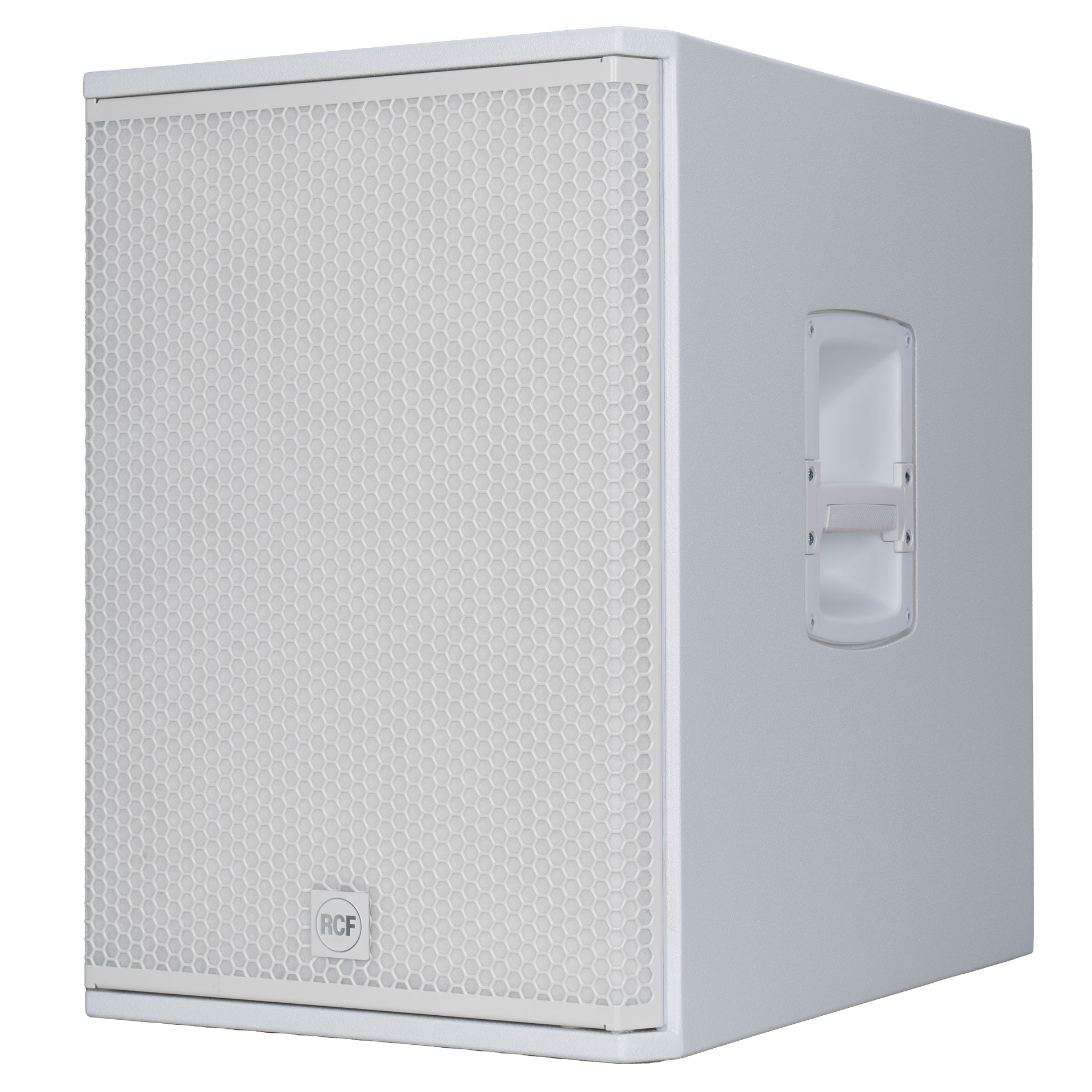 סאב וופר מוגבר לבן RCF SUB 15-AX W – 15 אינץ׳, 2200W ו-DSP מתקדם 1 סאב אקטיבי לבן RCF SUB 15-AX W – מבט שמאל קדמי