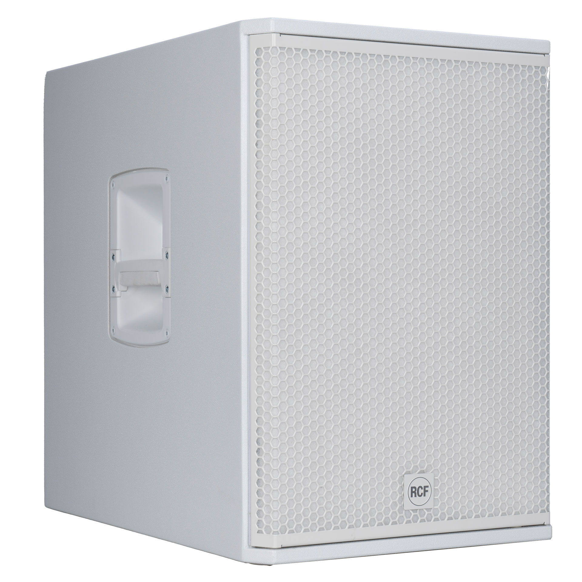 סאב וופר מוגבר לבן RCF SUB 15-AX W – 15 אינץ׳, 2200W ו-DSP מתקדם 3 סאב אקטיבי לבן RCF SUB 15-AX W – מבט ימין קדמי