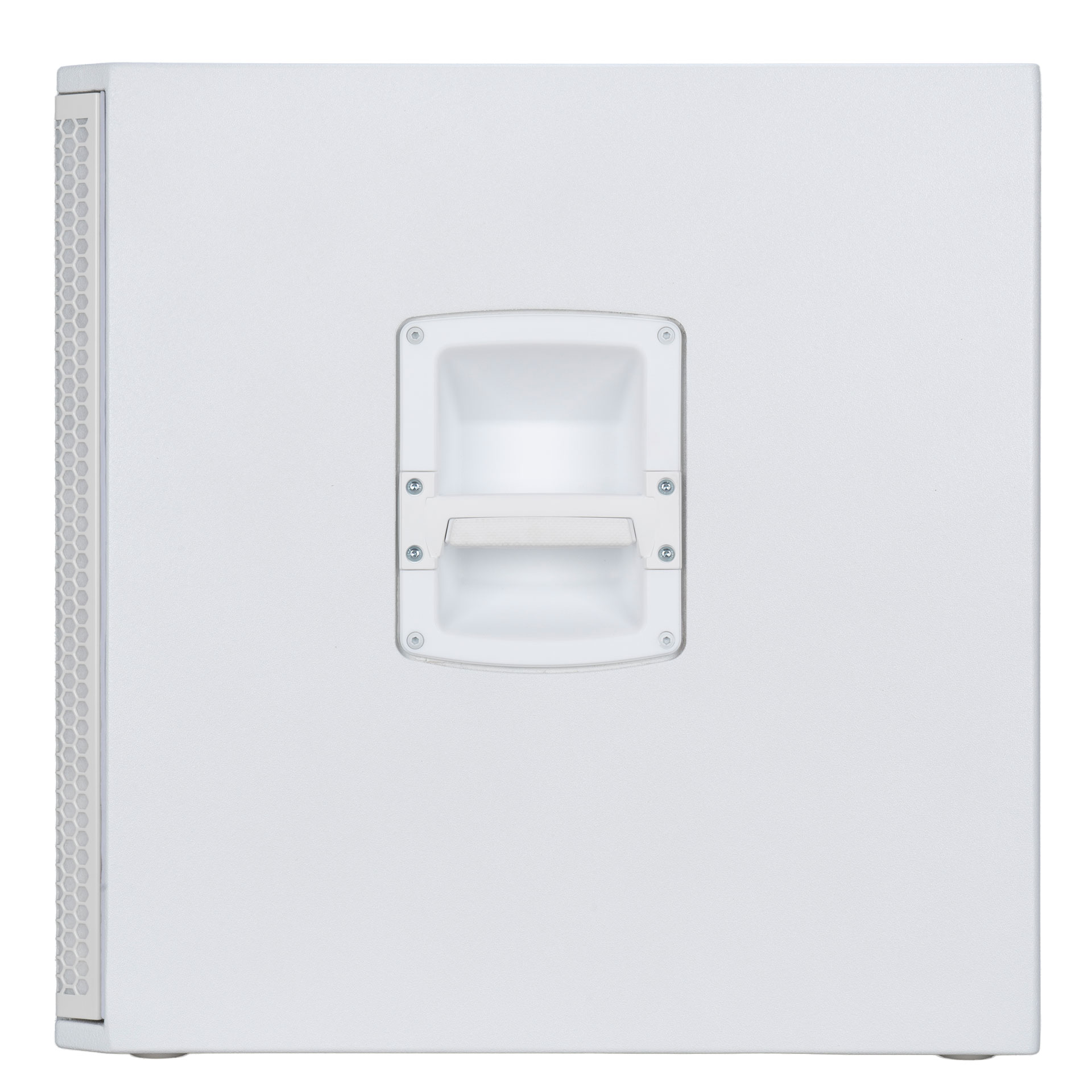 סאב וופר מוגבר לבן RCF SUB 15-AX W – 15 אינץ׳, 2200W ו-DSP מתקדם 4 סאב וופר RCF SUB 15-AX W בצבע לבן – פרופיל צד וידית נשיאה