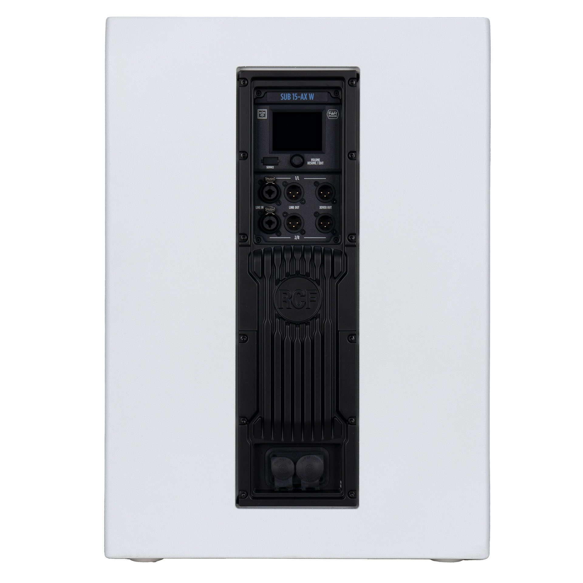 סאב וופר מוגבר לבן RCF SUB 15-AX W – 15 אינץ׳, 2200W ו-DSP מתקדם 6 סאב וופר מוגבר לבן RCF SUB 15-AX W – פאנל אחורי, מסך מגע וחיבורים