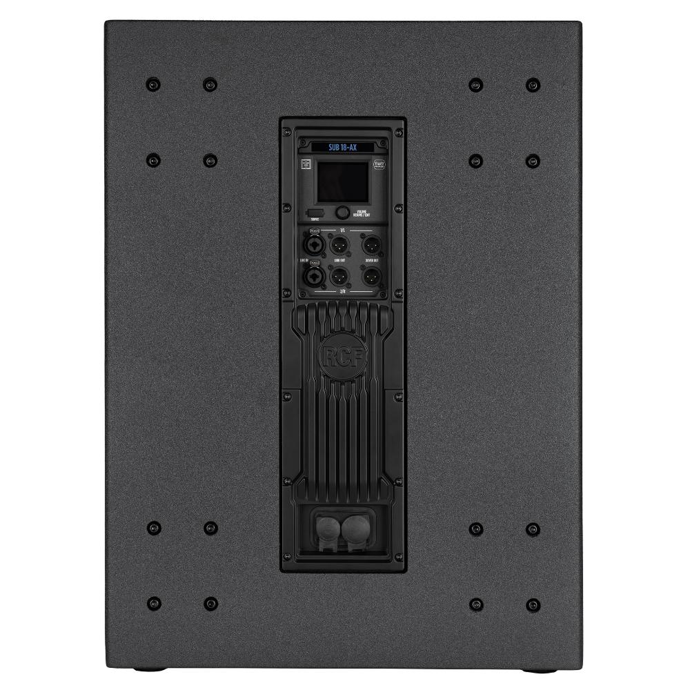 סאב וופר מוגבר RCF SUB 18-AX – 18 אינץ׳, 2200W ו-DSP מתקדם 5 RCF SUB 18-AX – לוח חיבורים, DSP ובקרה אחורי