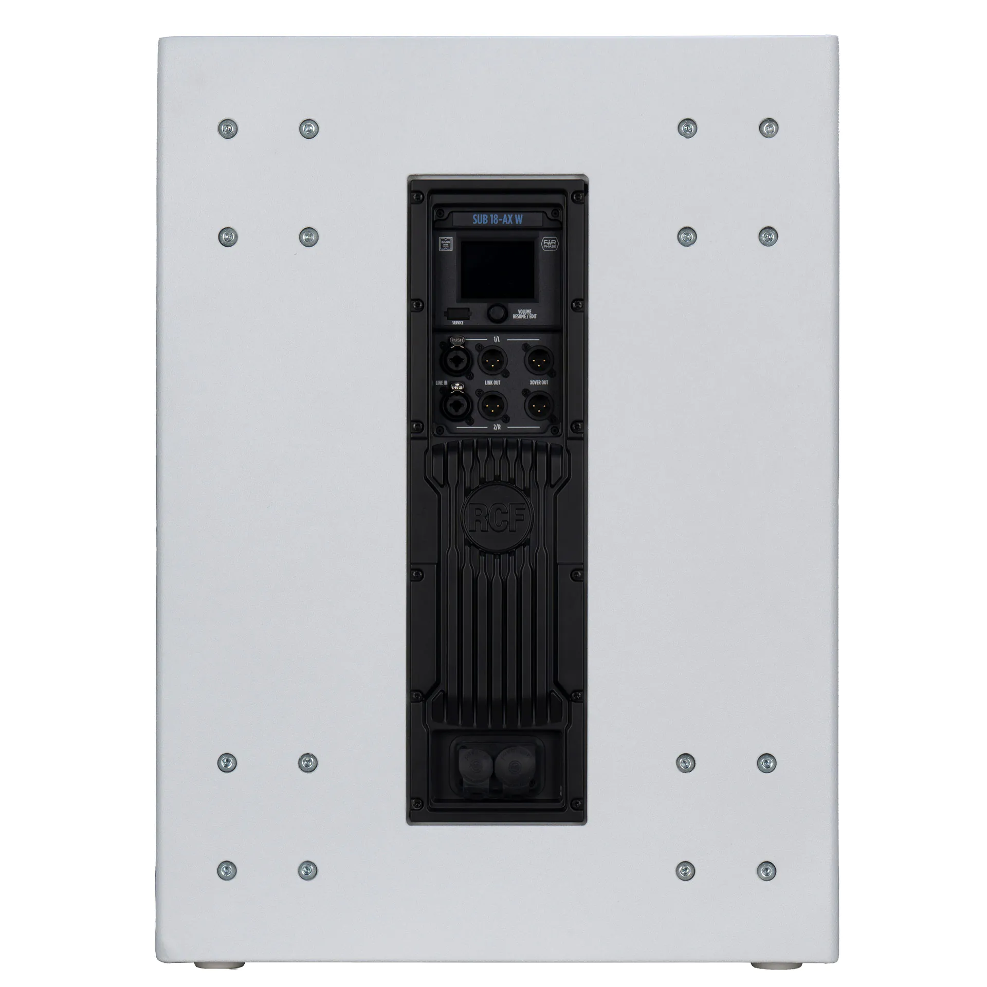 סאב וופר מוגבר לבן RCF SUB 18-AX W – 18 אינץ׳, 2200W ו-DSP מתקדם 5 סאב וופר מוגבר לבן RCF SUB 18-AX W – פאנל אחורי, מסך מגע וחיבורים