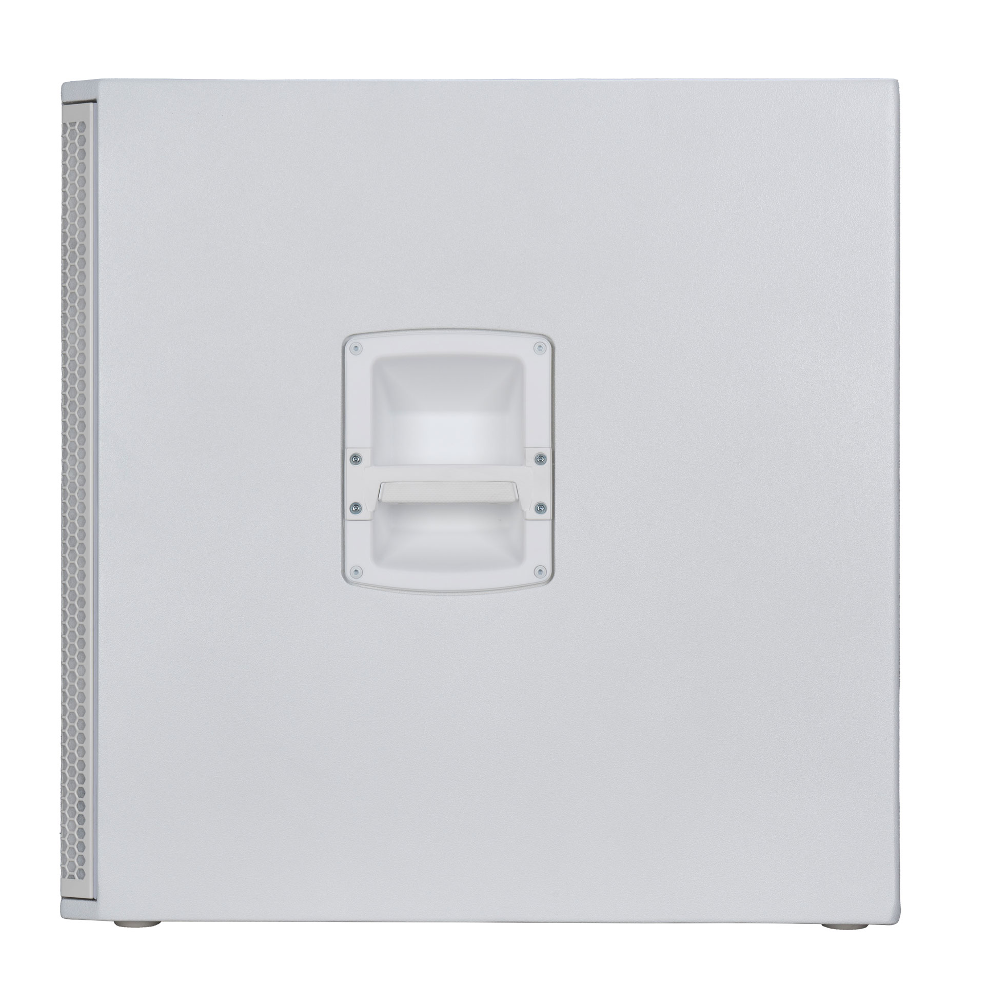 סאב וופר מוגבר לבן RCF SUB 18-AX W – 18 אינץ׳, 2200W ו-DSP מתקדם 4 סאב וופר RCF SUB 18-AX W בצבע לבן – פרופיל צד וידית נשיאה