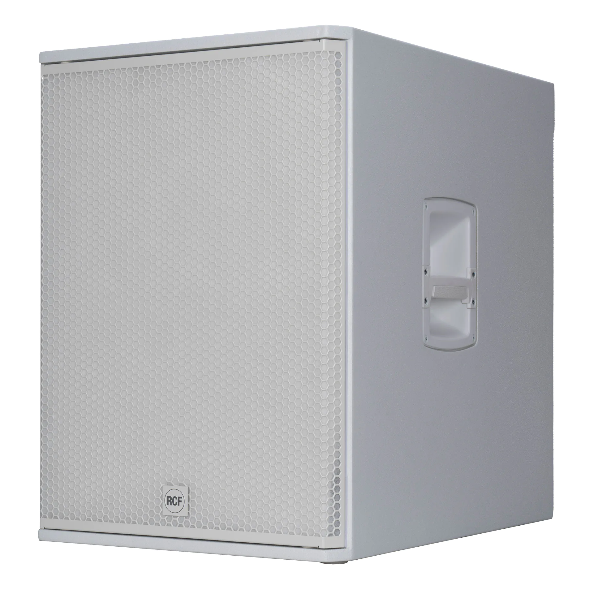 סאב וופר מוגבר לבן RCF SUB 18-AX W – 18 אינץ׳, 2200W ו-DSP מתקדם 1 סאב אקטיבי לבן RCF SUB 18-AX W – מבט שמאל קדמי