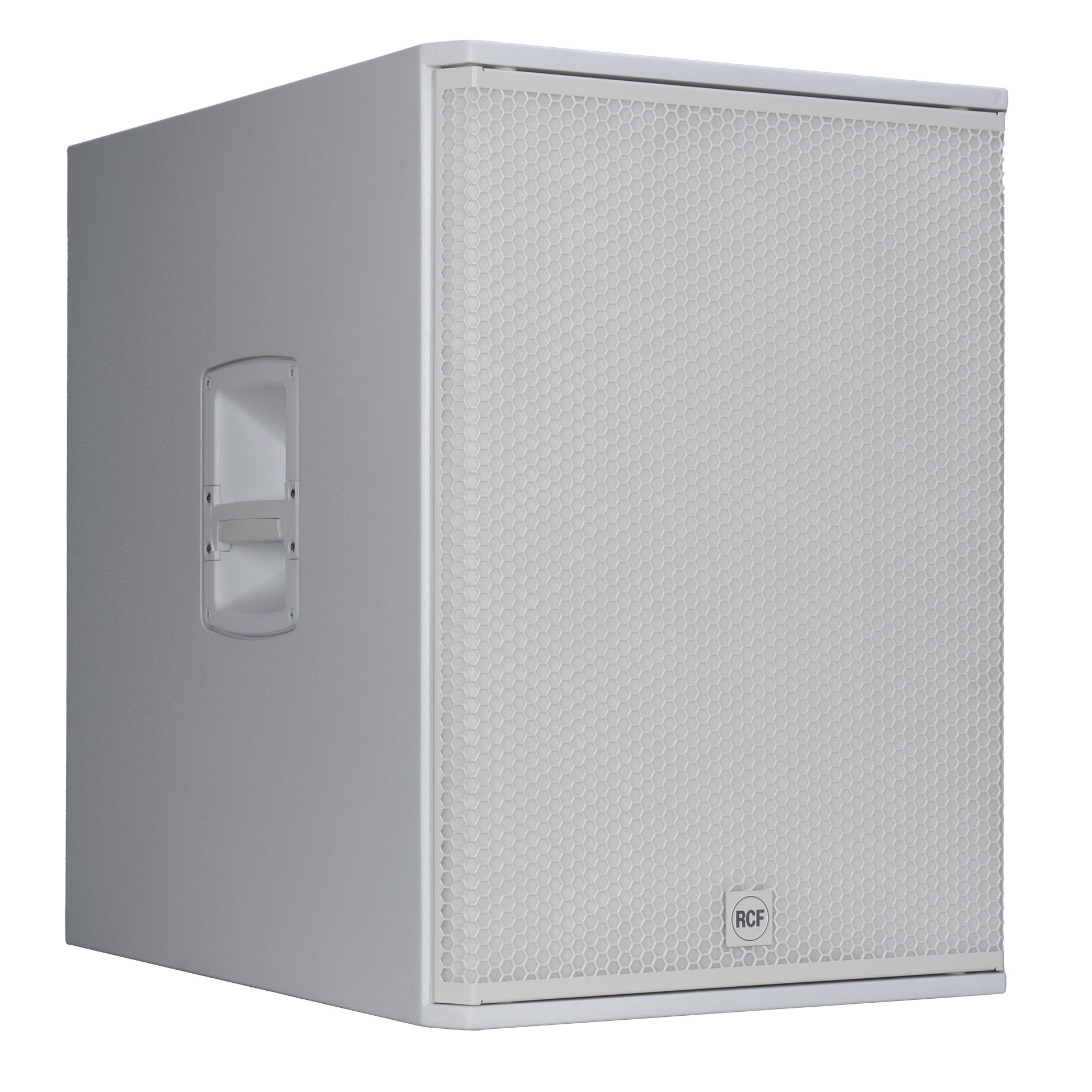 סאב וופר מוגבר לבן RCF SUB 18-AX W – 18 אינץ׳, 2200W ו-DSP מתקדם 3 סאב אקטיבי לבן RCF SUB 18-AX W – מבט ימין קדמי