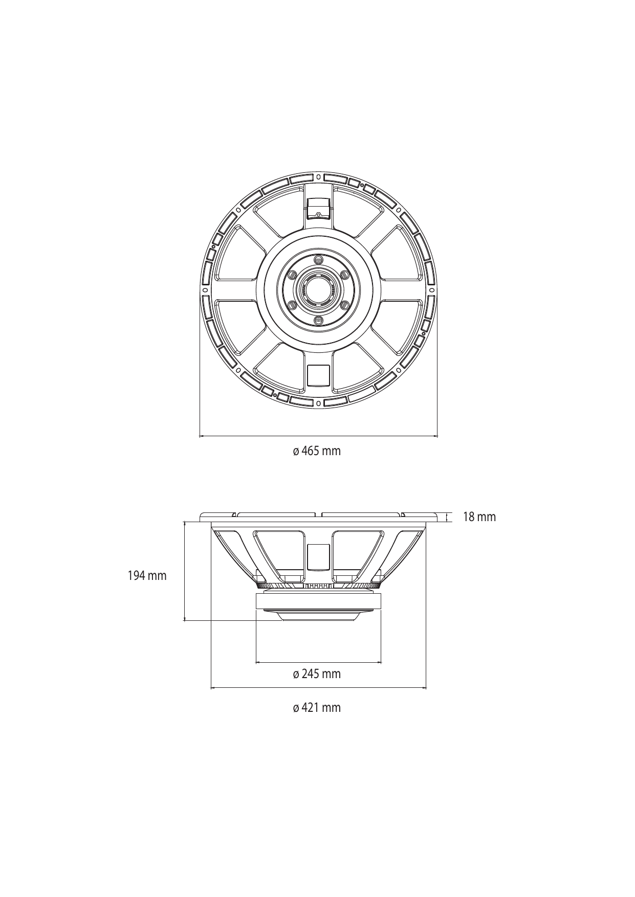 RCF LF18X451 דרייבר סאב 18 אינץ׳ 8Ω בהספק 1800W AES 3 שרטוט מידות התקנה רשמי של RCF LF18X451
