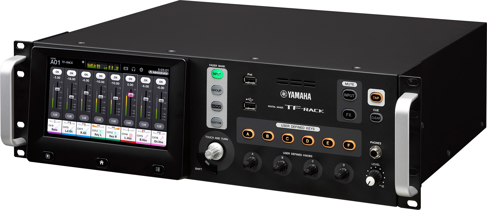 מיקסר דיגיטלי Yamaha TF-RACK להתקנת Rack 1 מיקסר דיגיטלי Yamaha TF-RACK במבט תלת־רבעי ימני המציג את מסך המגע ובקרי החזית