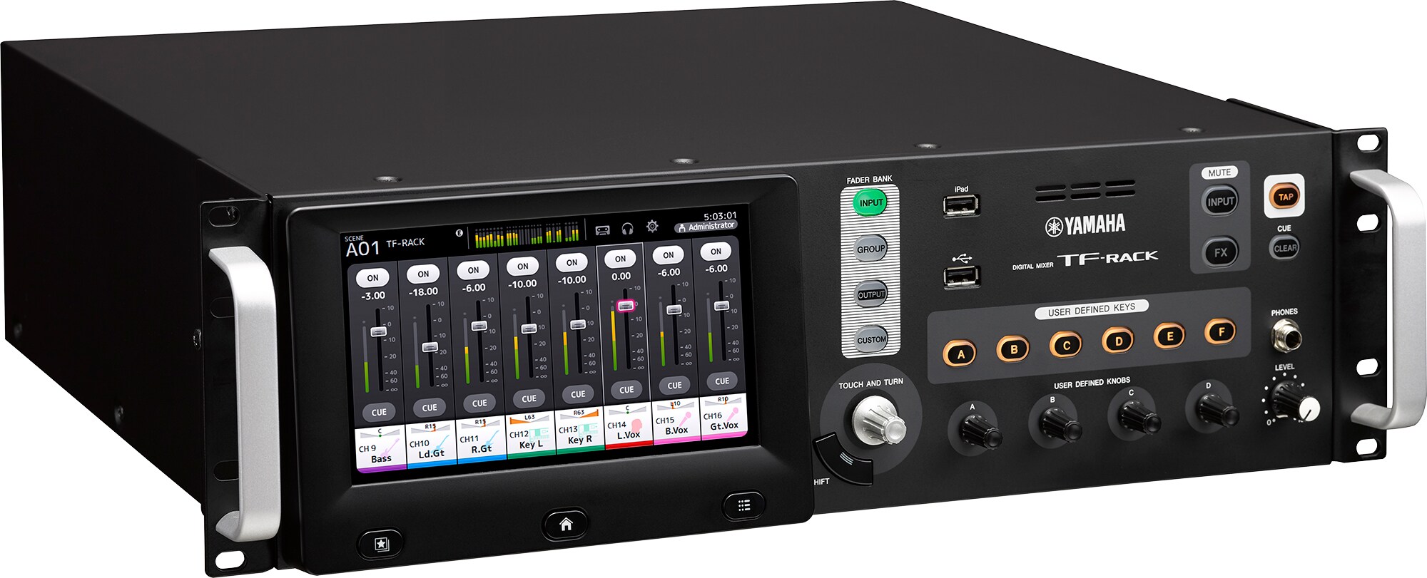 מיקסר דיגיטלי Yamaha TF-RACK להתקנת Rack 3 מיקסר Yamaha TF-RACK במבט תלת־רבעי שמאלי המדגים את עומק מארז ה־Rack ואת ממשק השליטה