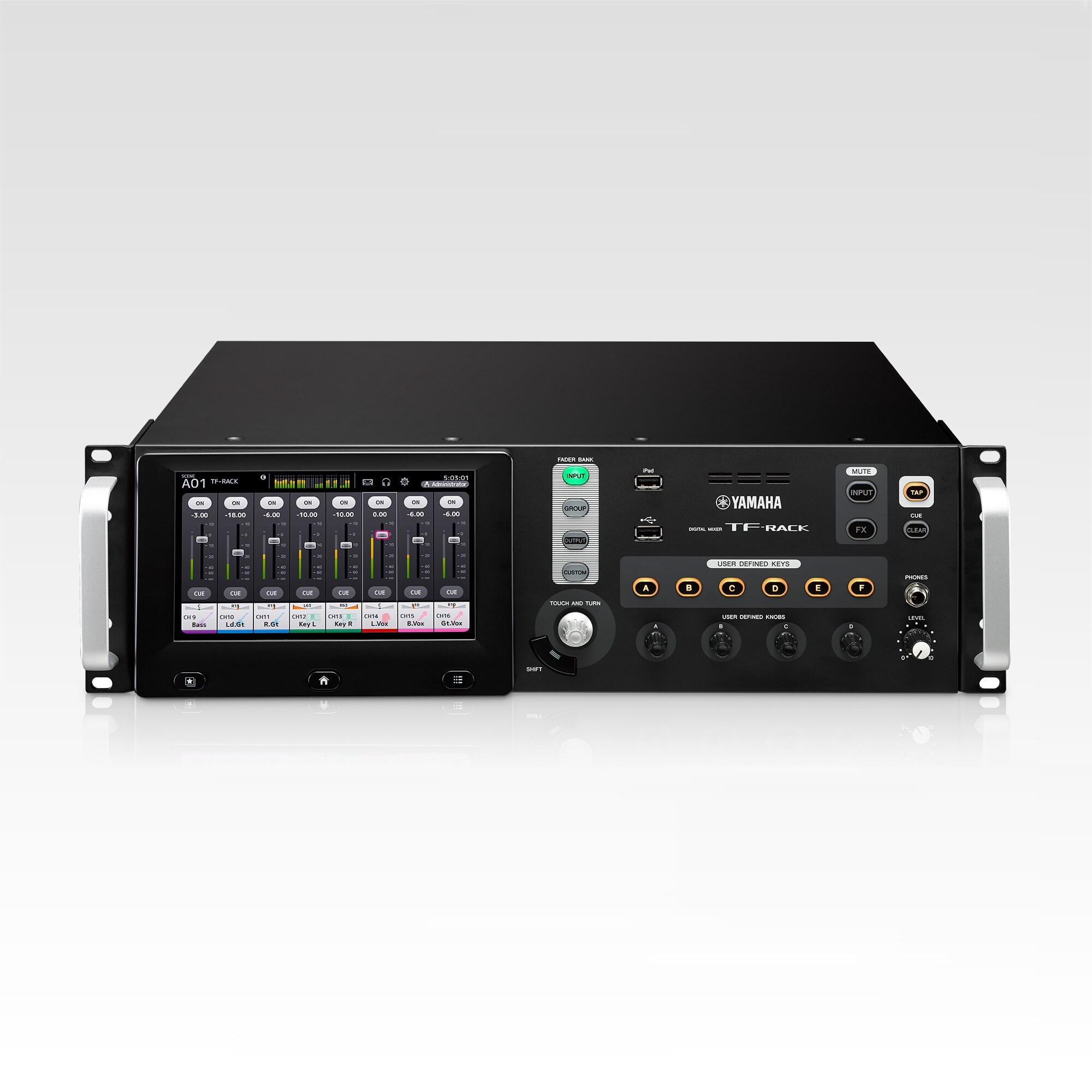 מיקסר דיגיטלי Yamaha TF-RACK להתקנת Rack 4 Yamaha TF-RACK במבט חזיתי רחב המציג את יחידת ה־Rack המלאה ואת חלקו העליון של המארז