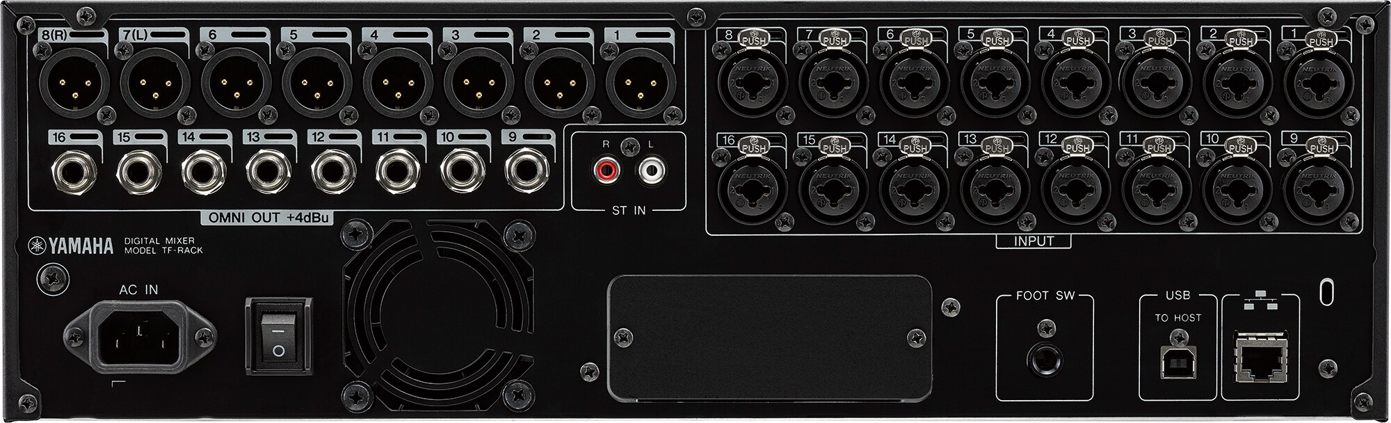 מיקסר דיגיטלי Yamaha TF-RACK להתקנת Rack 5 הפאנל האחורי של Yamaha TF-RACK עם 16 כניסות Mic/Line, יציאות XLR ו־TRS, רשת ו־USB