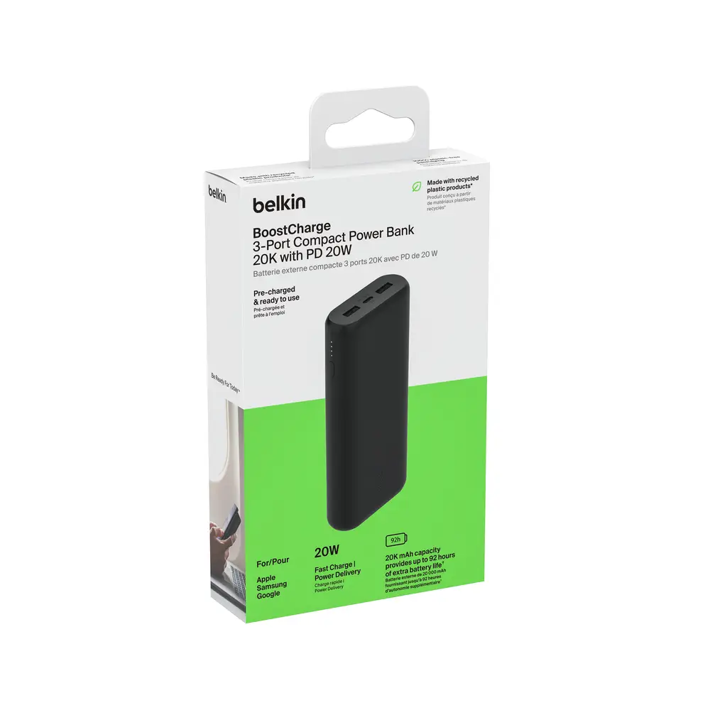 מטען נייד 20,000mAh Belkin BoostCharge 20W PD – 3 יציאות USB‑C ו‑2×USB‑A 1 מטען נייד Belkin BoostCharge 20,000mAh בצבע שחור – מבט קדמי