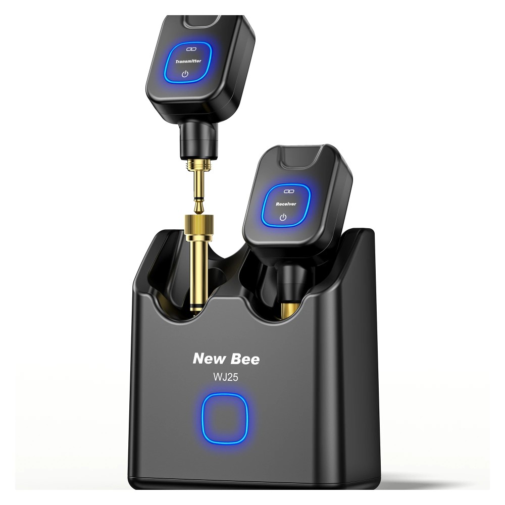 מערכת אלחוטית 5.8GHz לגיטרה, בס וקלידים עם נרתיק טעינה 2000mAh, עד 30 שעות ו-6 ערוצים 1 משדר ומקלט אלחוטיים 5.8GHz בתוך נרתיק טעינה 2000mAh