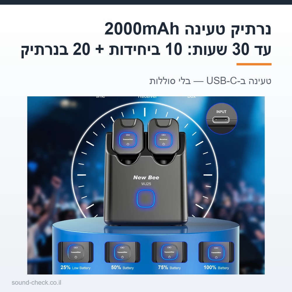 מערכת אלחוטית 5.8GHz לגיטרה, בס וקלידים עם נרתיק טעינה 2000mAh, עד 30 שעות ו-6 ערוצים 6 נרתיק הטעינה של המערכת האלחוטית