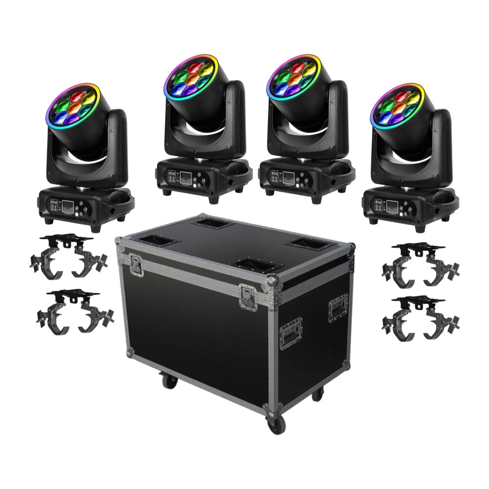 סט 4 ראשים נעים BEE 7×40W עם זום, קייס וקלמפים – Apextone 1 סט 4 ראשים נעים BEE 7×40W עם זום, קייס וקלמפים – Apextone