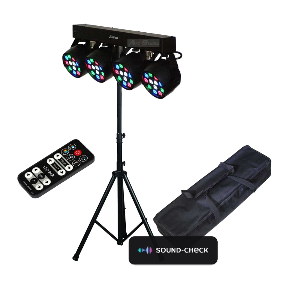 סט תאורה 4 פנסי לד עם סטנד, בקר ושלט – Apextone Set-4-Par-LED 1 סט תאורה 4 פנסי לד עם סטנד, בקר ושלט – Apextone Set-4-Par-LED
