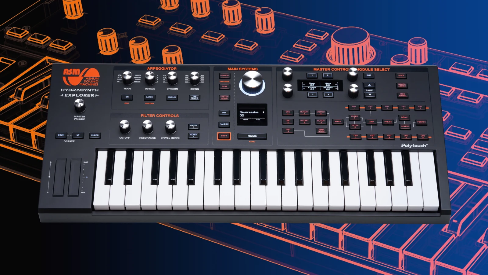 ASM Hydrasynth Explorer – סינתיסייזר 37 קלידים 1 סינתיסייזר ASM Hydrasynth Explorer שחור עם 37 קלידים – מבט קדמי
