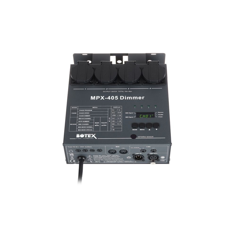 דימר 4 ערוצים Botex בשליטת DMX ו-MIDI – 5A לערוץ, 16 תוכניות, 4 שקעי שוקו 2 דימר 4 הערוצים של Botex – דימר DMX, תמונה 2
